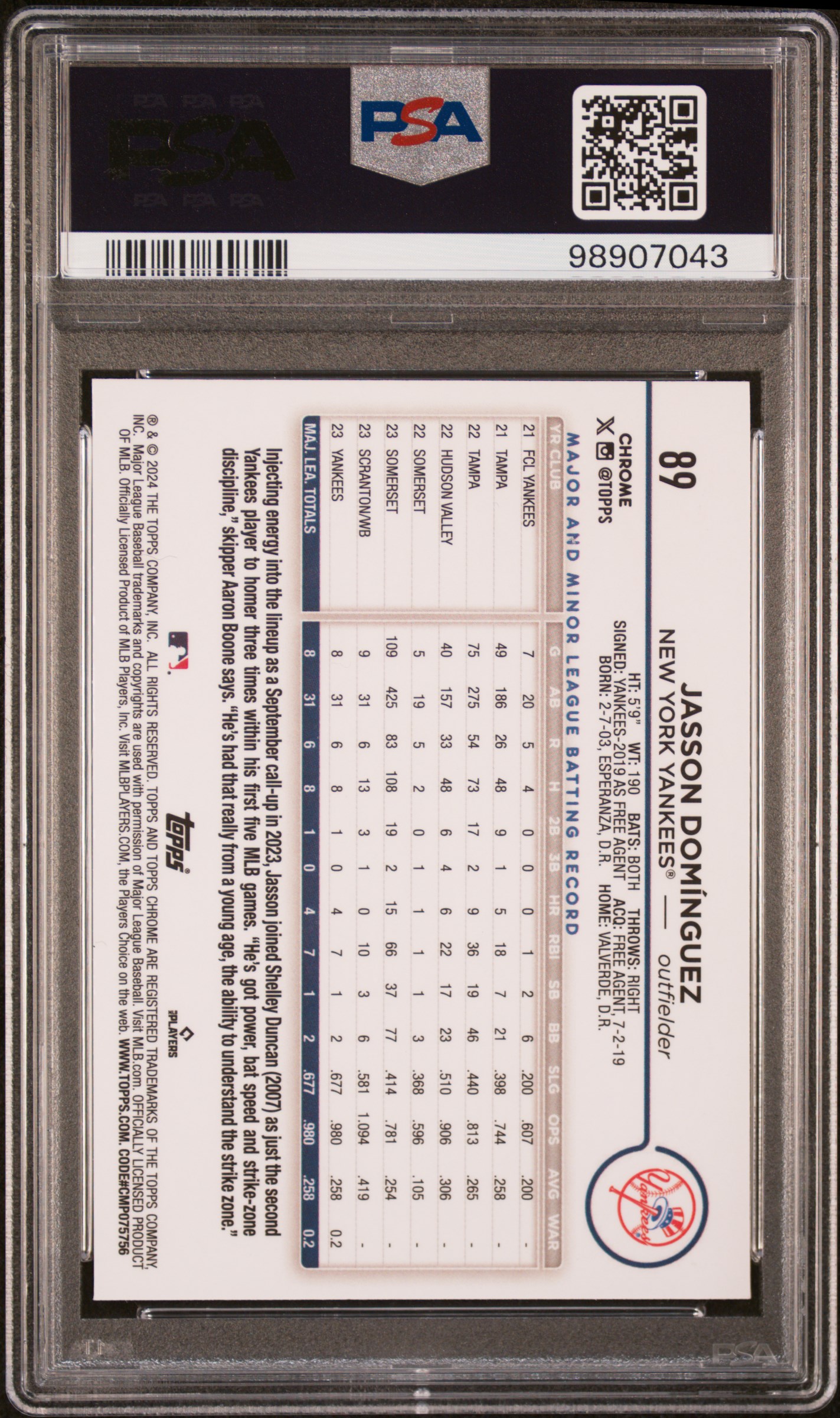 2024 Topps Chrome Jasson Dominguez #89 (Lightboard Logo) Mint 9 back