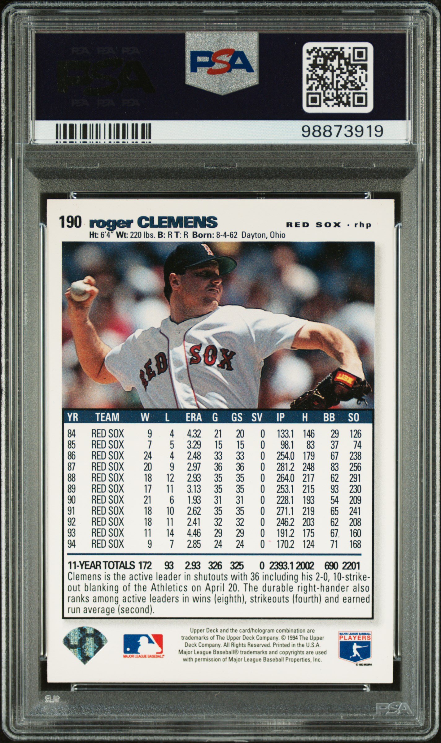 1995 Collector's Choice Se Roger Clemens #190 (Silver Signature) back