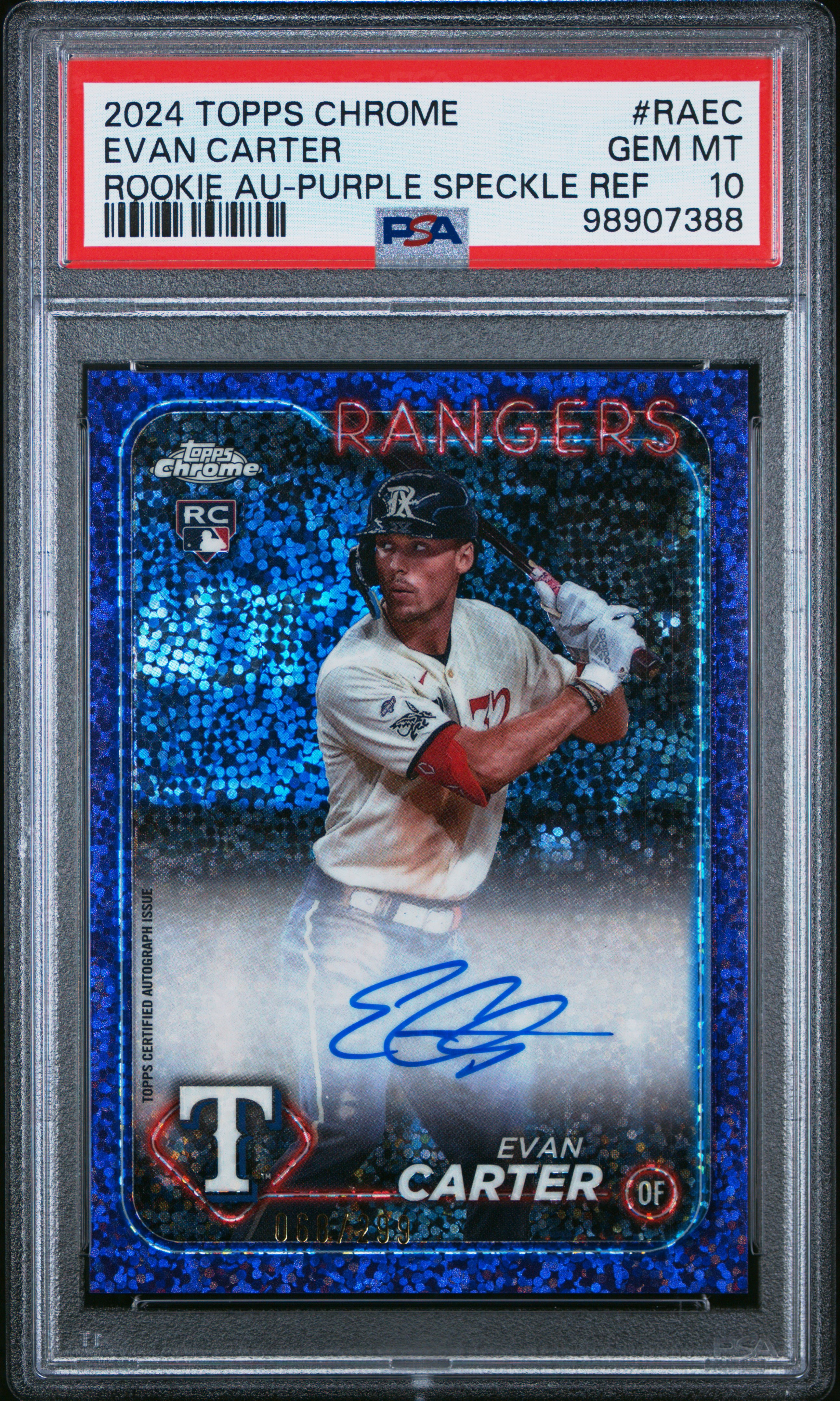 2024 Topps Chrome Rookie Autographs Evan Carter #Raec (Rookie Au-Purple Speckle Ref) Gem Mt 10 front