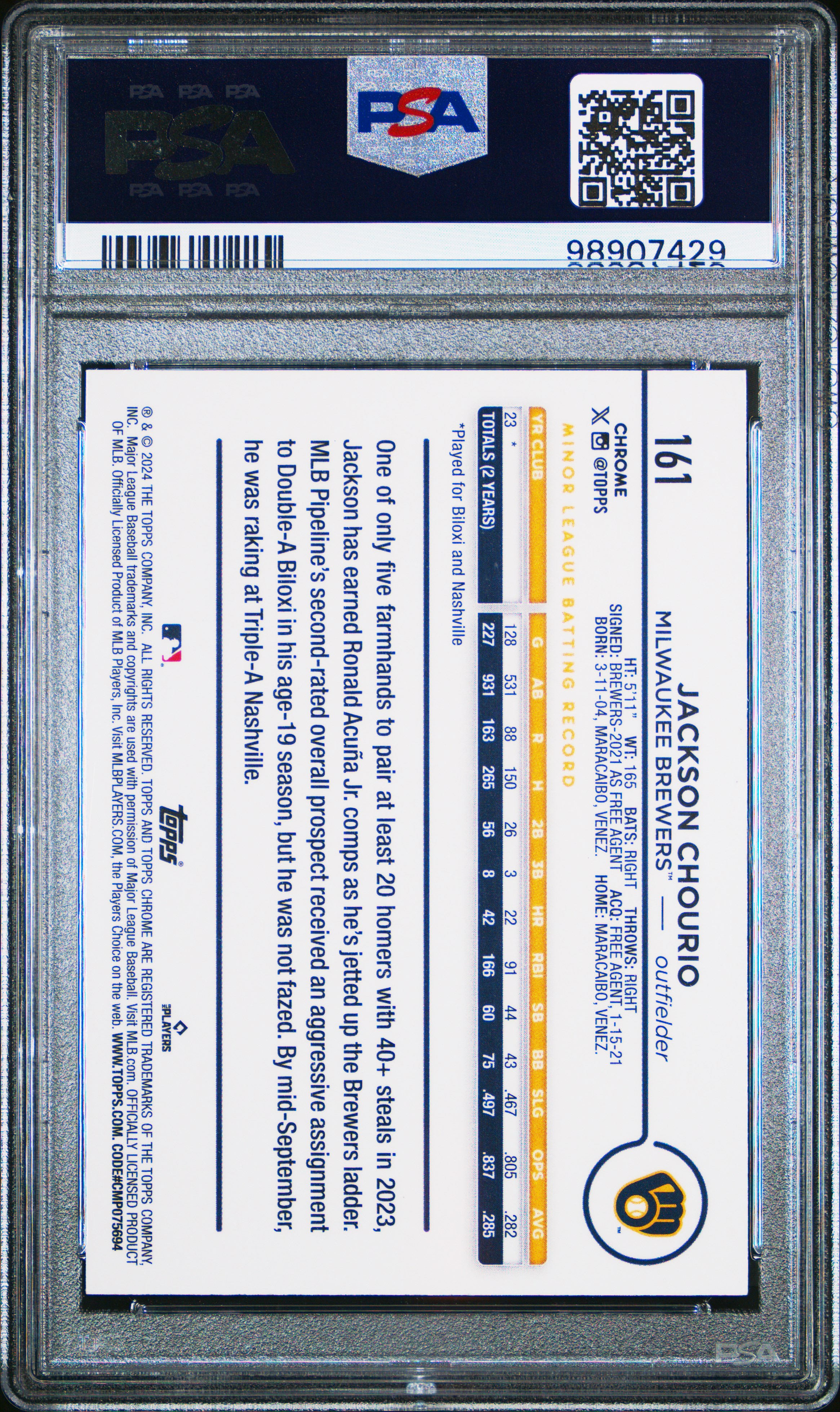 2024 Topps Chrome Jackson Chourio #161 (X-Fractor) Mint 9 back