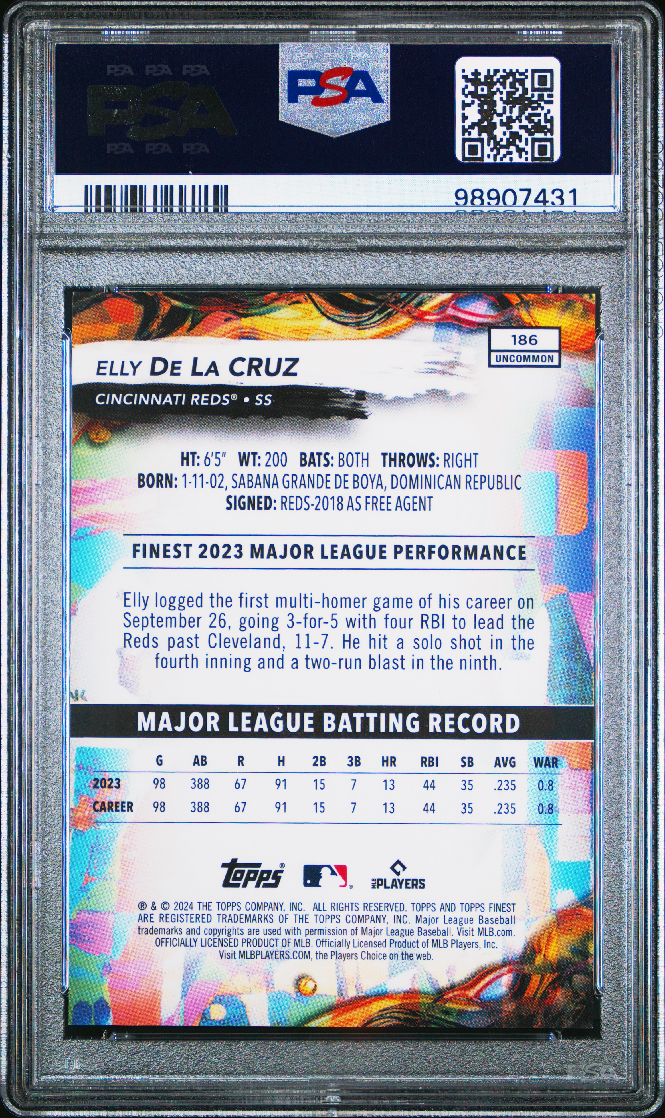 2024 Topps Finest Elly De La Cruz #186 (Blue Refractor) Mint 9 back