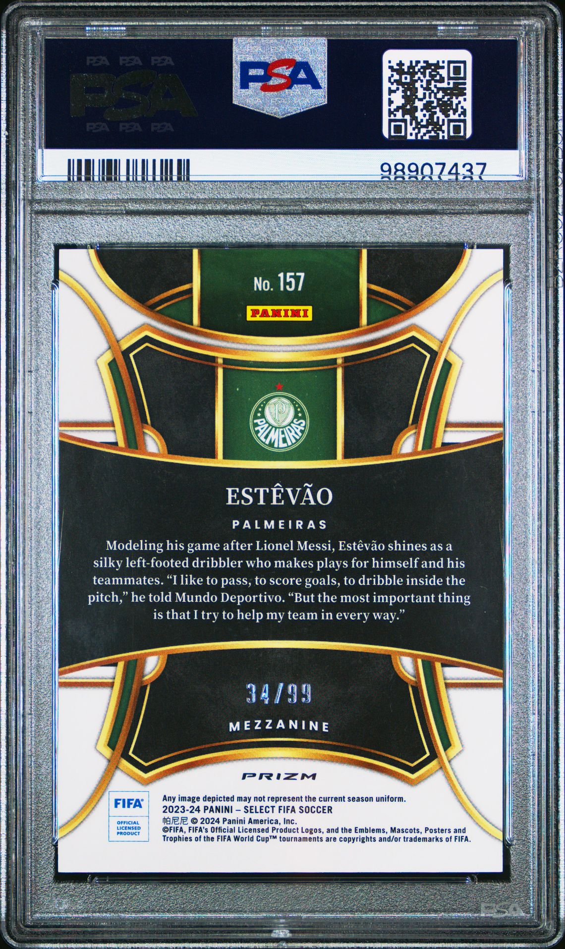 2023-24 Panini Select Fifa Estevao #157 (Winter Camo) Gem Mt 10 back