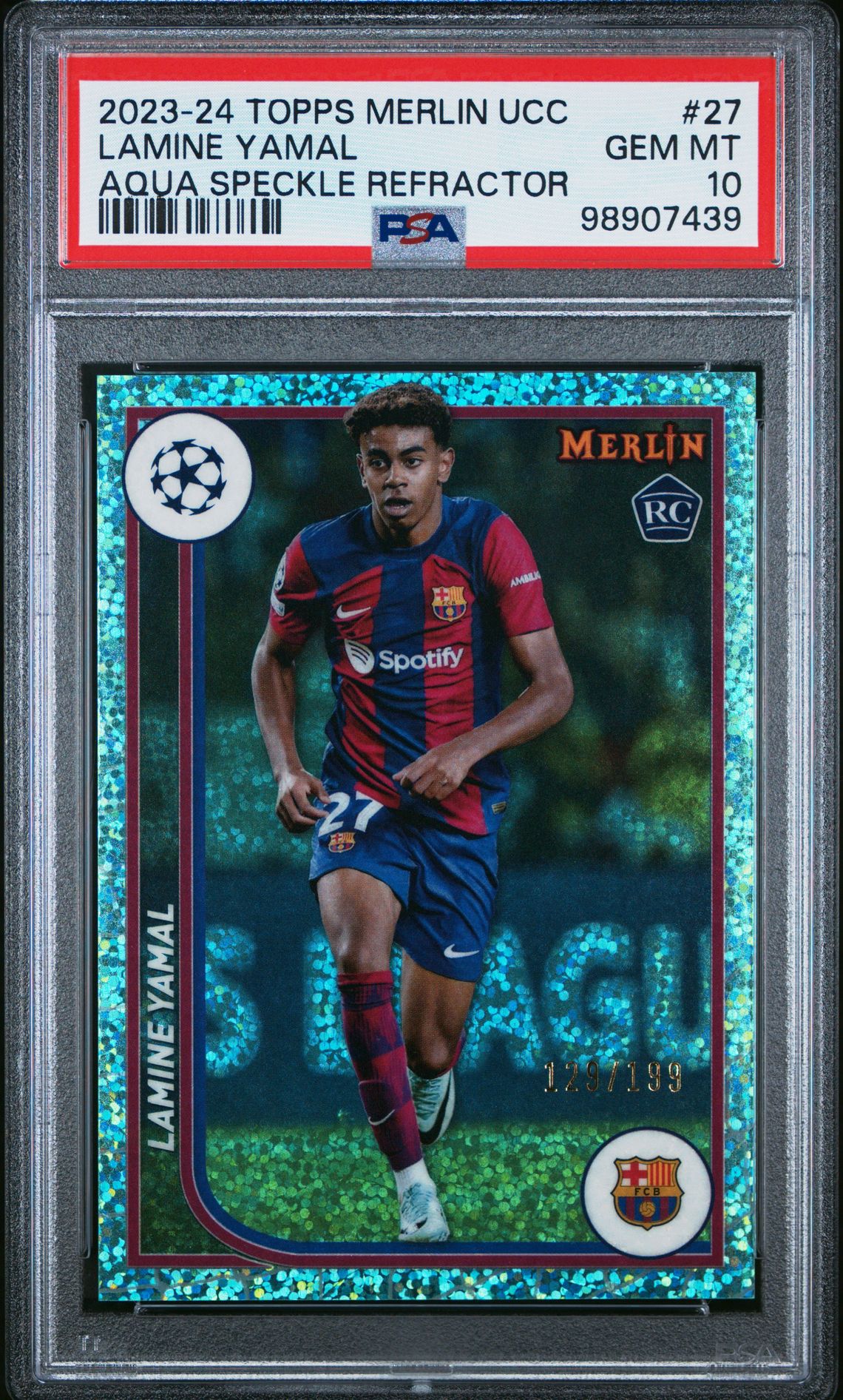 2023-24 Topps Merlin Uefa Club Competitions Lamine Yamal #27 (Aqua Speckle Refractor) Gem Mt 10 front