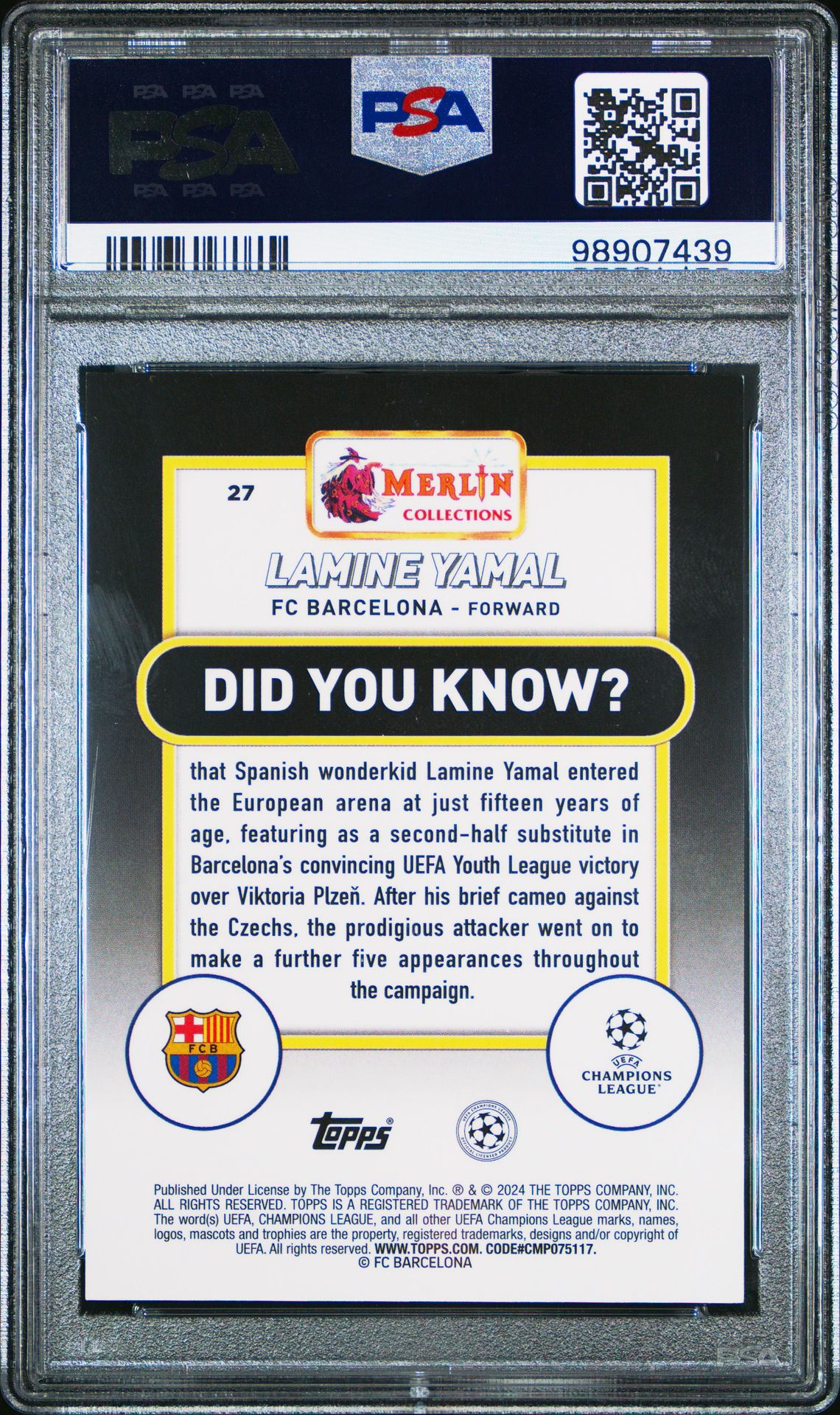 2023-24 Topps Merlin Uefa Club Competitions Lamine Yamal #27 (Aqua Speckle Refractor) Gem Mt 10 back