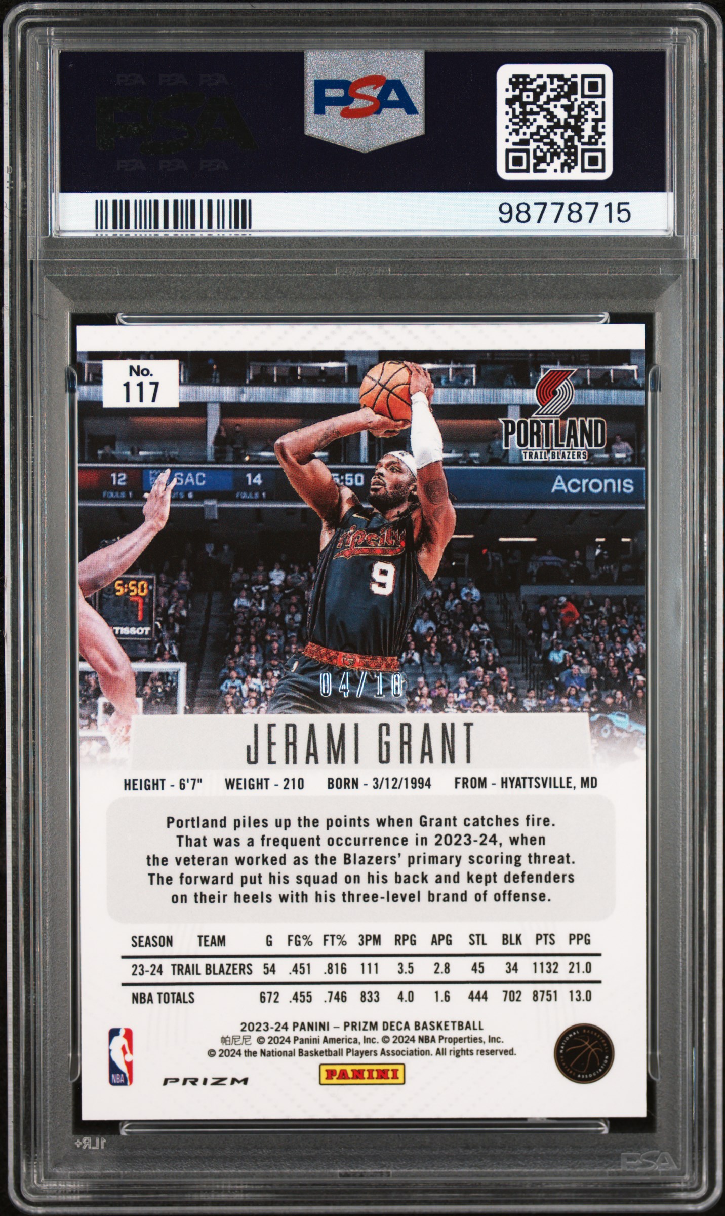 2023 Panini Prizm Deca Jerami Grant #117 (Gold Prizm) Mint 9 back
