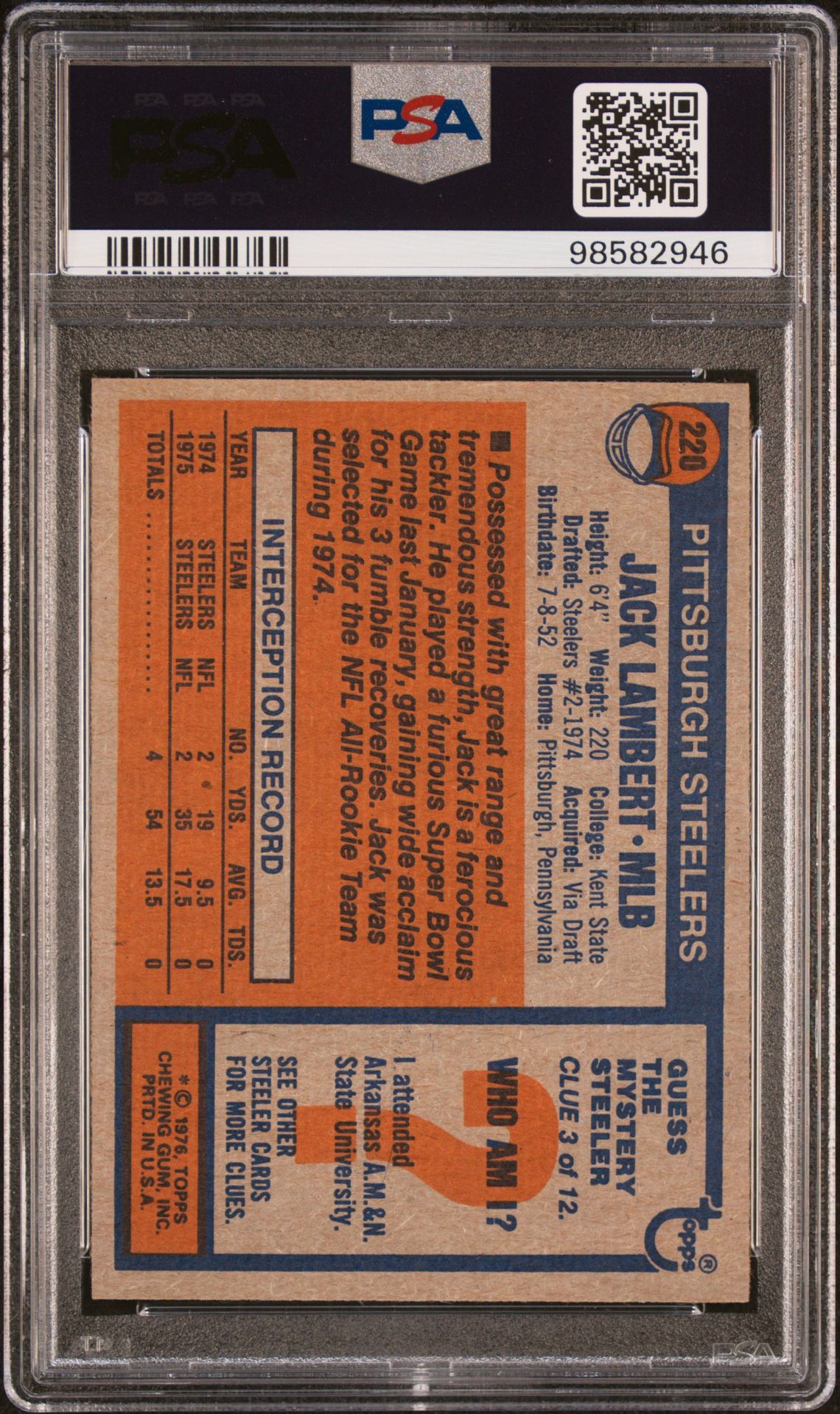 1976 Topps Jack Lambert #220 Nm-Mt 8 back