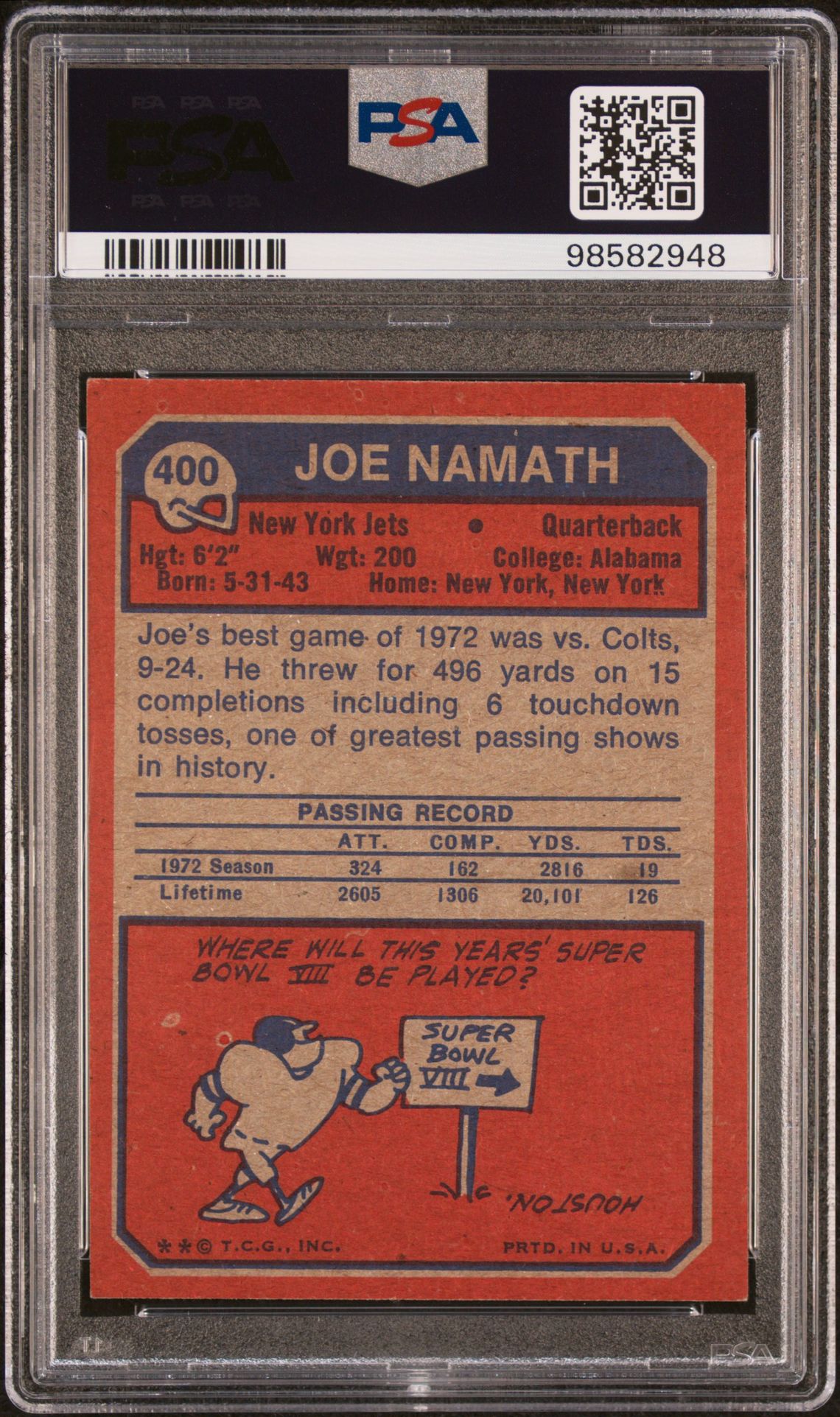 1973 Topps Joe Namath #400 Ex-Mt 6 back
