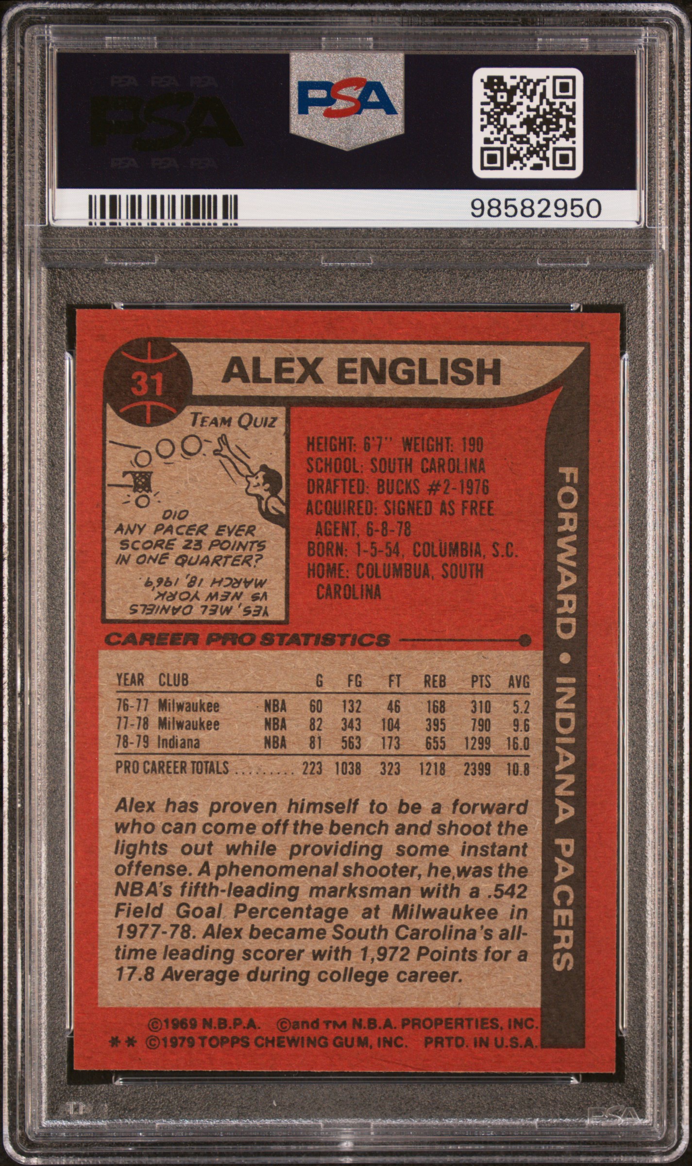 1979 Topps Alex English #31 Nm 7 back
