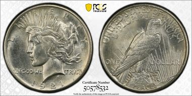 1921 $1 High Relief, Peace MS62