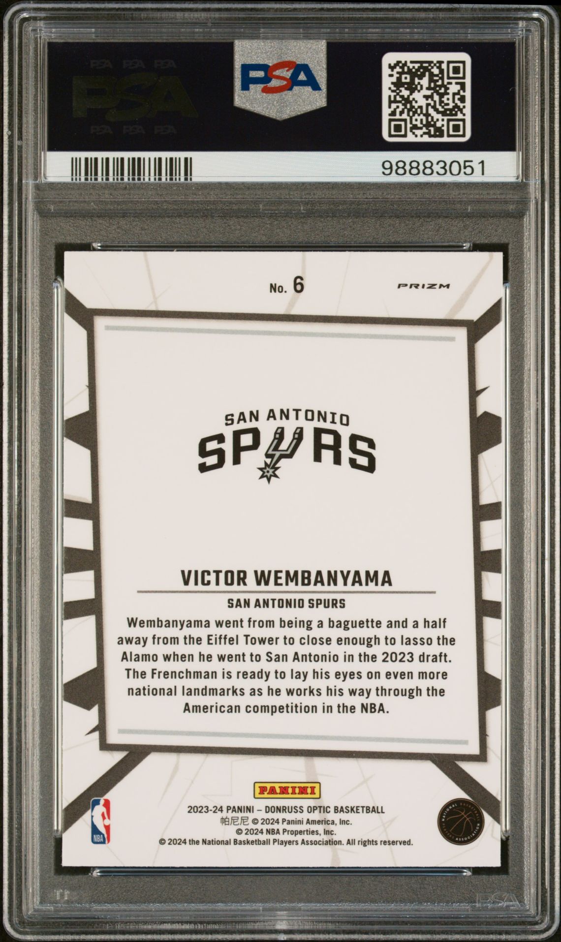 2023 Panini Donruss Optic My House Victor Wembanyama #6 (My House-Holo) Gem Mt 10 back view - PSA certificate #98883051