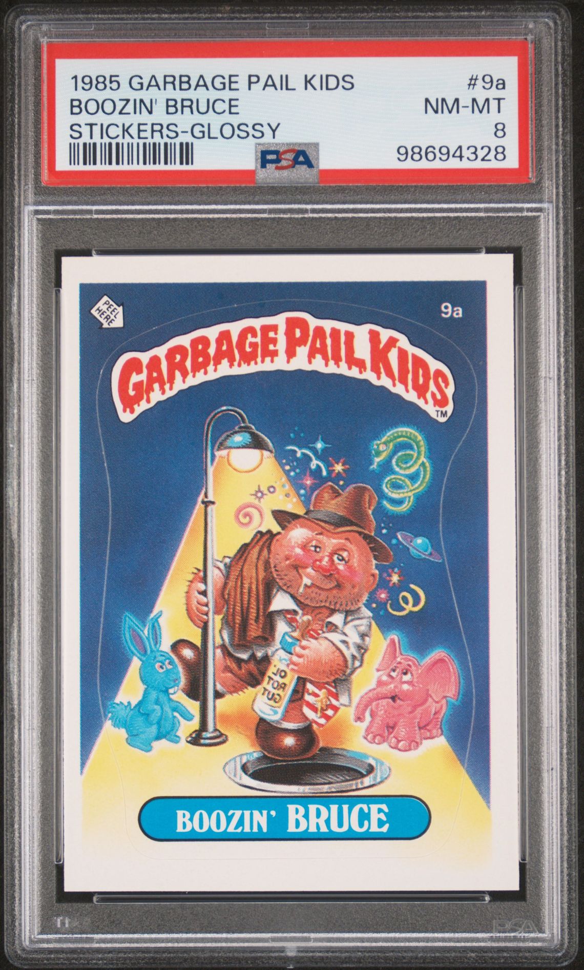 1985 Topps GARBAGE PAIL KIDS STICKERS STICKERS-GLOSSY #9A Boozin' Bruce front