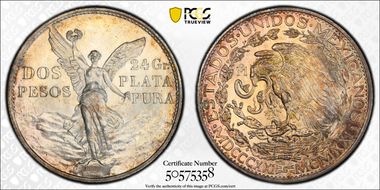 1921-Mo 2 Peso Centennial, 9 Tail F. KM-462  Ag MS65