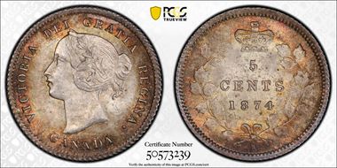 1874-H 5C Small Date, Plain 4 MS66