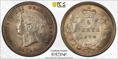 1874/4-H 5C Sloping Bl7 Plain 4/4 MS63