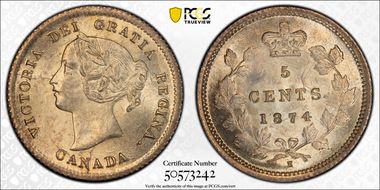 1874/4-H 5C Sloping Bl7 Plain 4/4 MS65