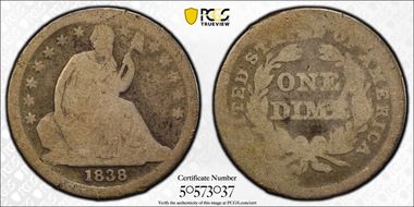 1838 10C No Drapery, Large Stars AG3