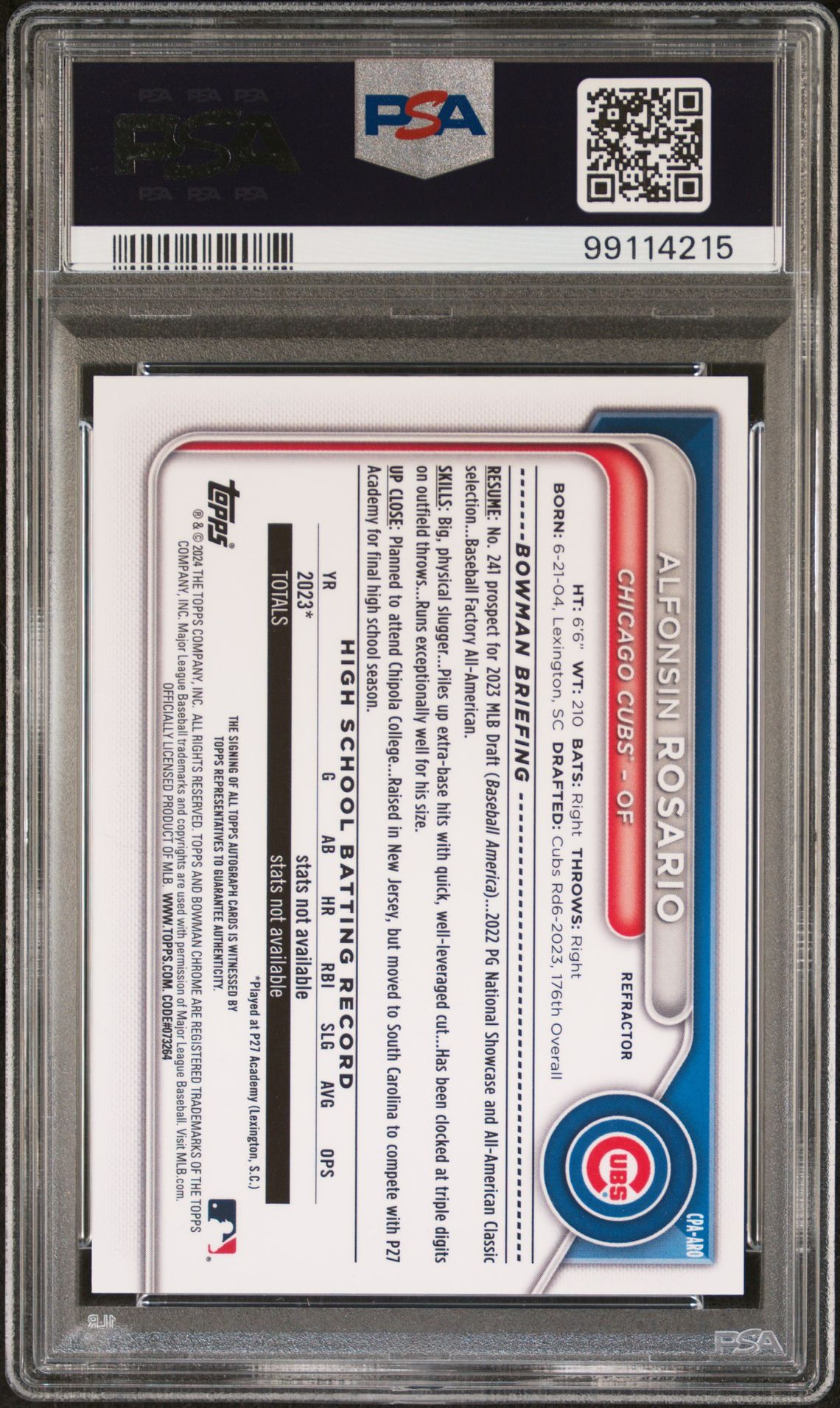 2024 Bowman Chrome Prospect Autographs Alfonsin Rosario #Cpaaro (Chrome Prspct Au-Refractor) Mint 9 back