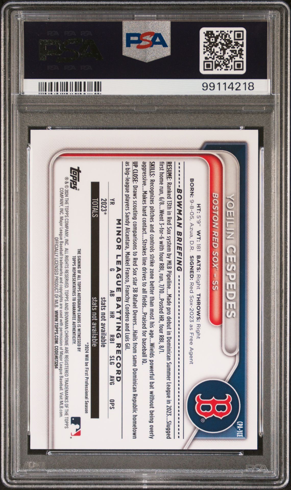 2024 Bowman Chrome Prospect Autographs Yoeilin Cespedes #Cpayce (Chrome Prspct Au-Purple Ref) Mint 9 back