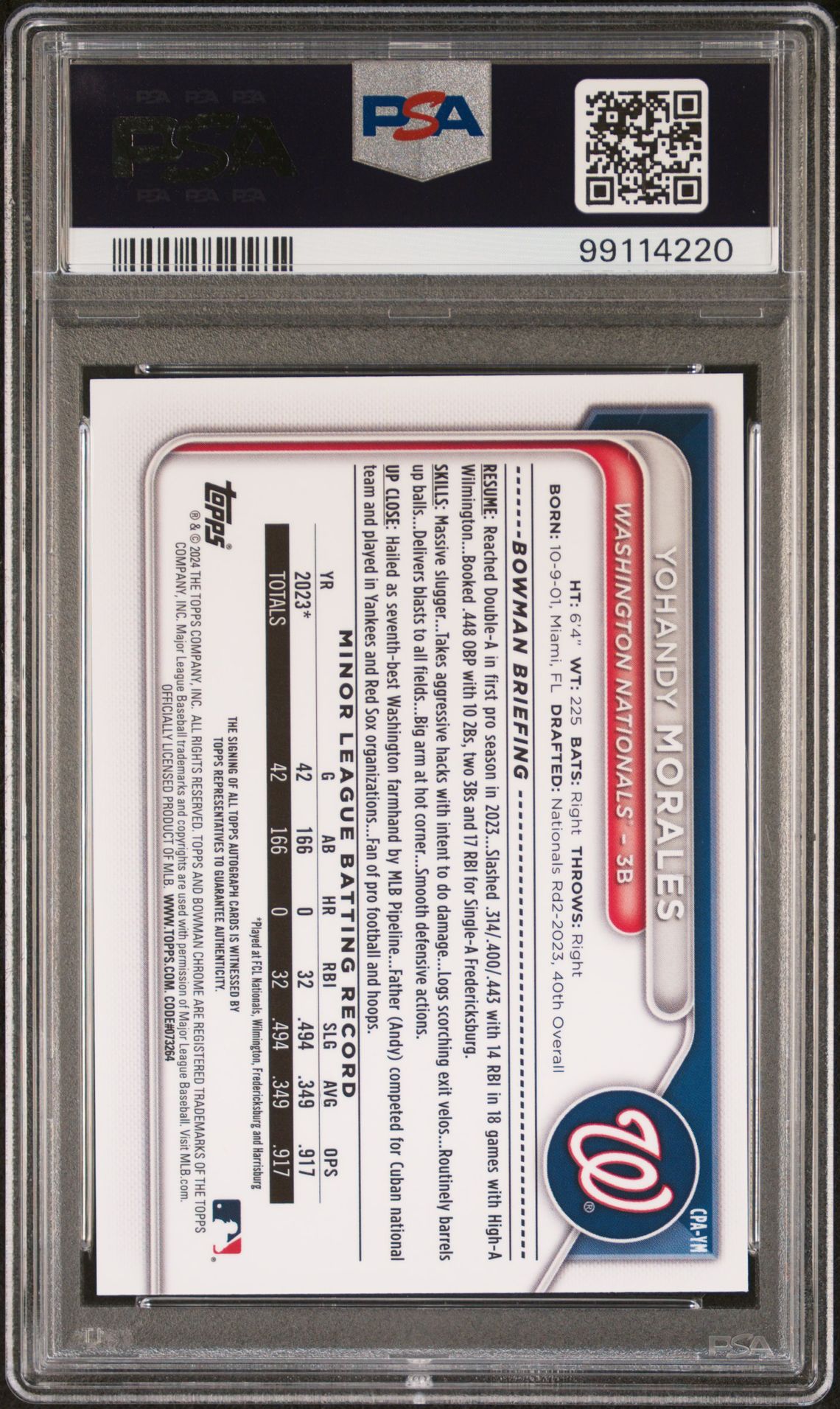 2024 Bowman Chrome Prospect Autographs Yohandy Morales #Cpaym (Chr Prospect Au-Speckle Ref) Gem Mt 10 back