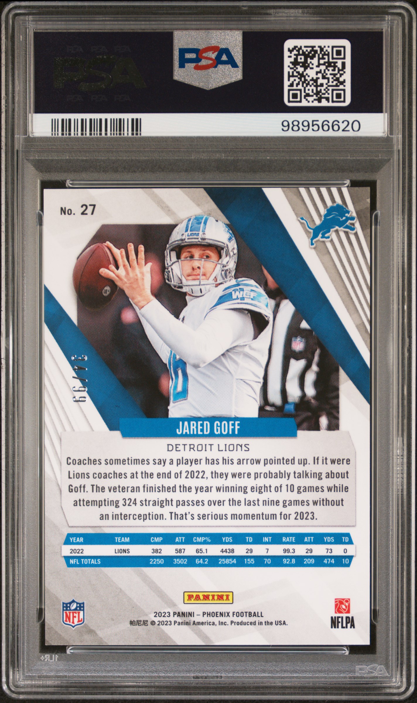 2023 Panini Phoenix Jared Goff #27 (Purple) Gem Mt 10 back