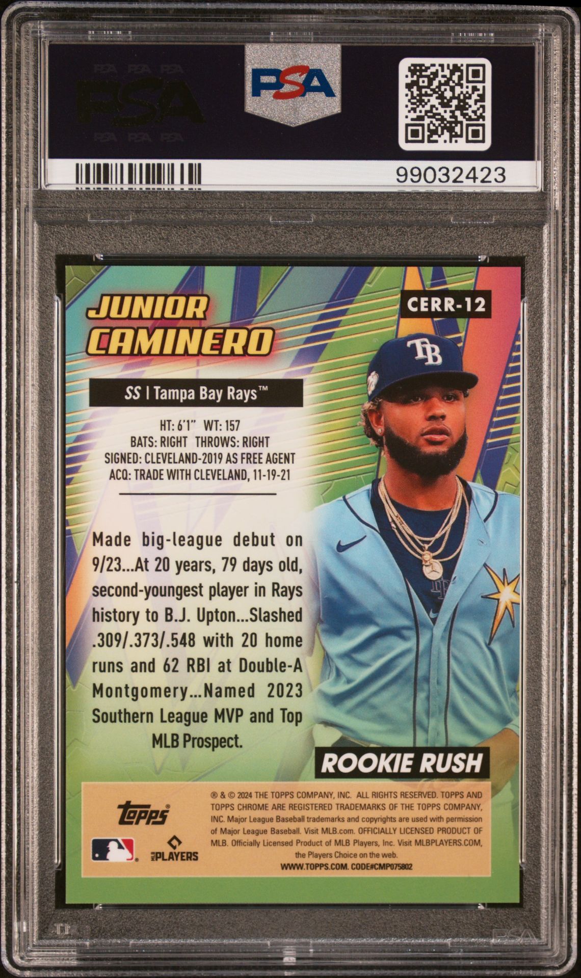 2024 Topps Chrome Chrome All Etch Rookie Rush Junior Caminero #12 (All Etch Rk Rush-Orange Ref) Gem Mt 10 back