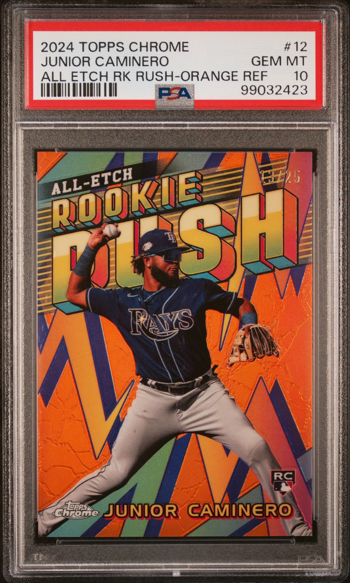 2024 Topps Chrome Chrome All Etch Rookie Rush Junior Caminero #12 (All Etch Rk Rush-Orange Ref) Gem Mt 10 front