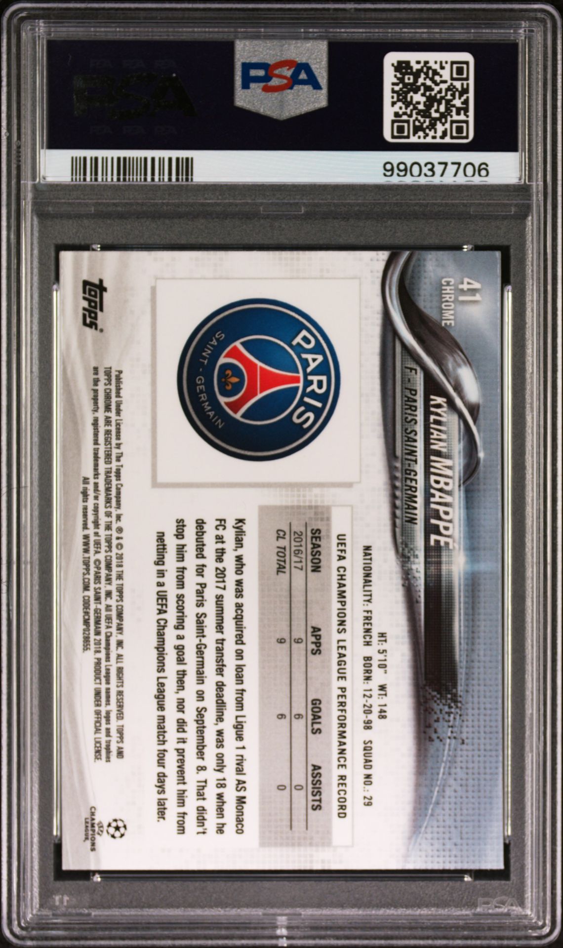 2017 Topps Chrome Uefa Champions League Kylian Mbappe #41 Mint 9 back