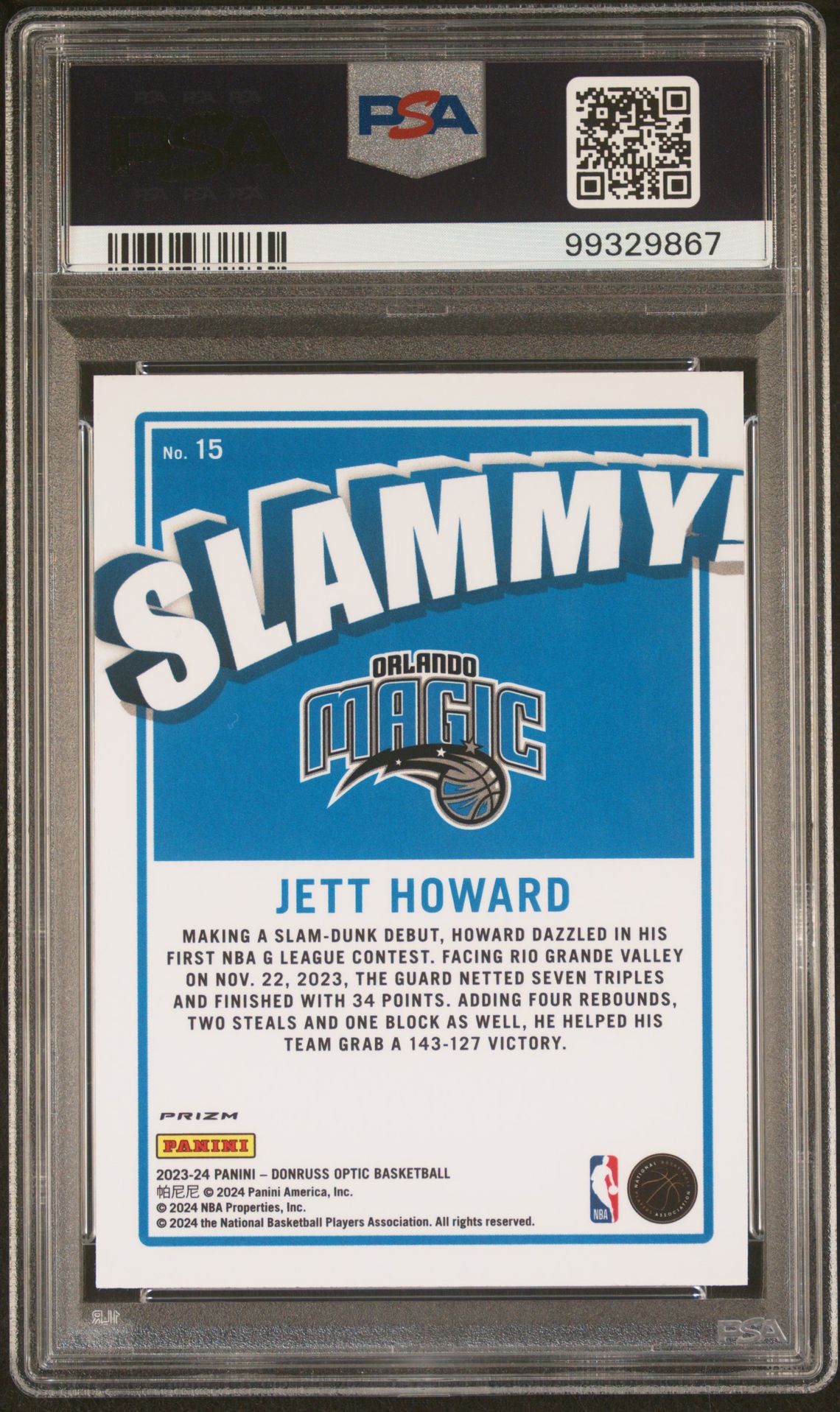 2023 Panini Donruss Optic Slammy! Jett Howard #15 Gem Mt 10 back