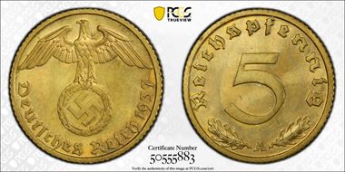 1937-A 5 Pfg J-363 PR65