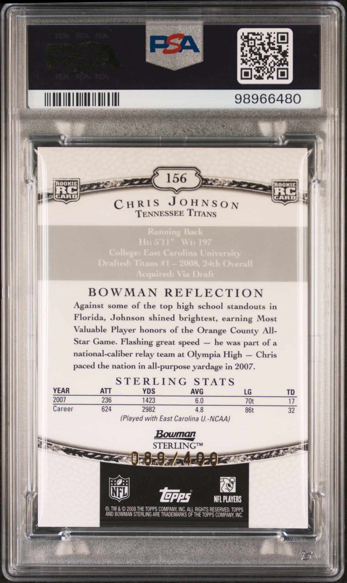 2008 Bowman Sterling Chris Johnson #156 (Gold Rookie Autograph) Mint 9 back