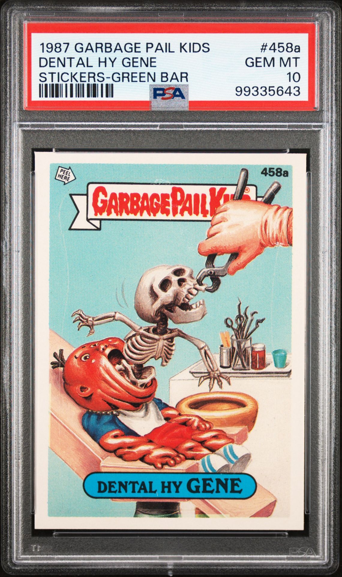 1987 Topps GARBAGE PAIL KIDS STICKERS STICKERS-GREEN BAR #458A Dental Hy Gene front