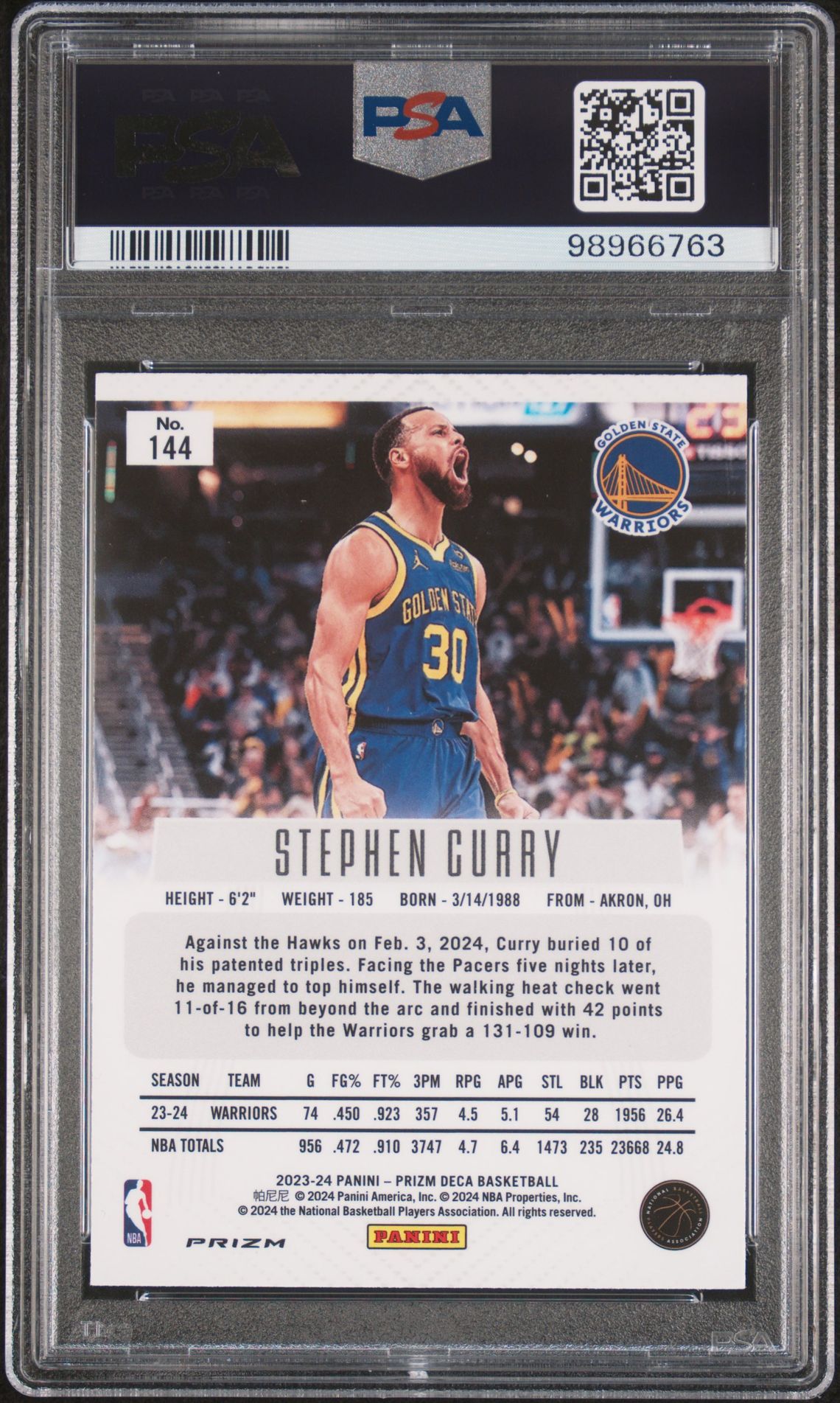 2023 Panini Prizm Deca Stephen Curry #144 (Silver Prizm) Gem Mt 10 back