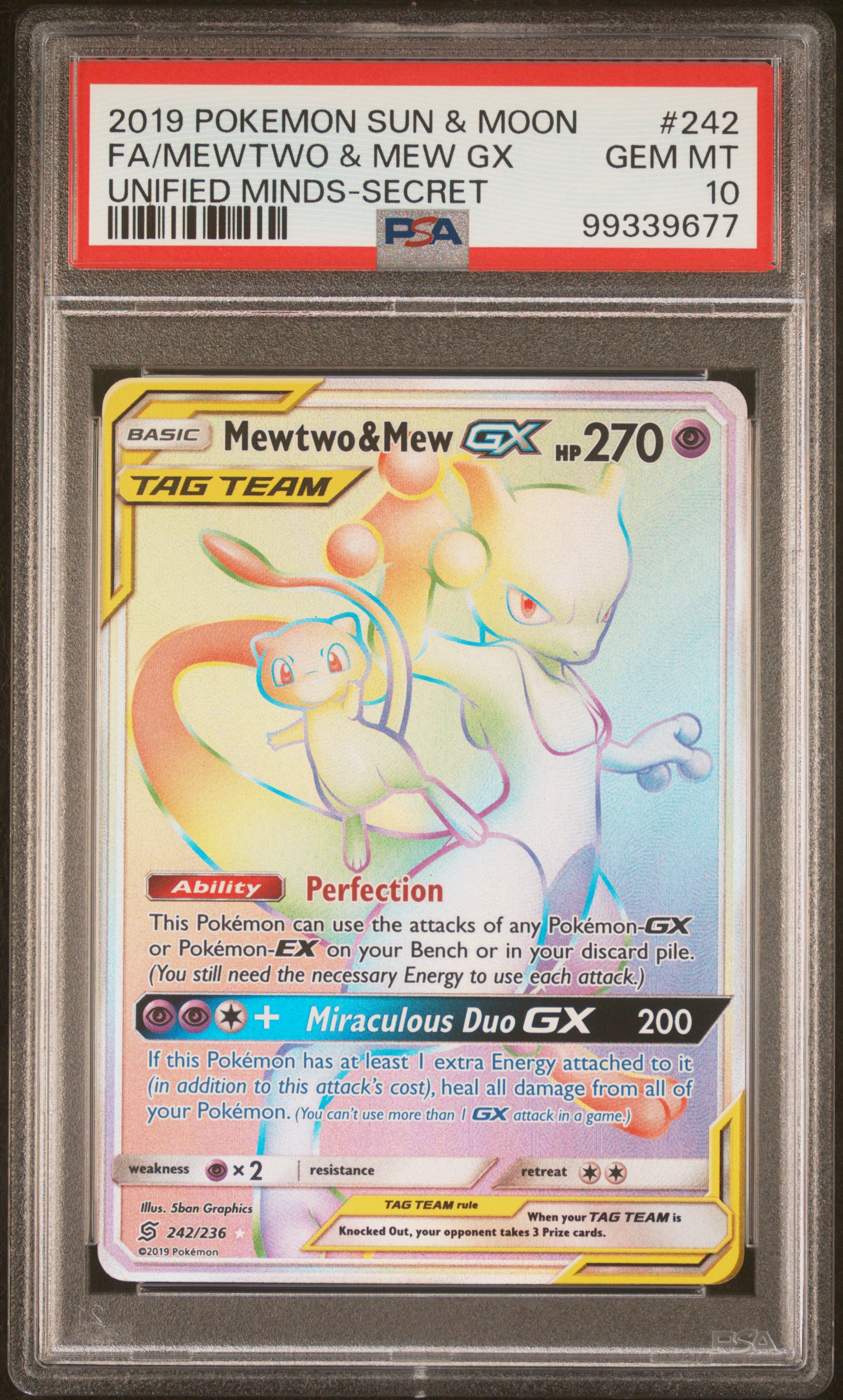 2019 Pokemon Sun & Moon Unified Minds Fa/Mewtwo & Mew Gx #242 (Unified Minds-Secret) Gem Mt 10 front