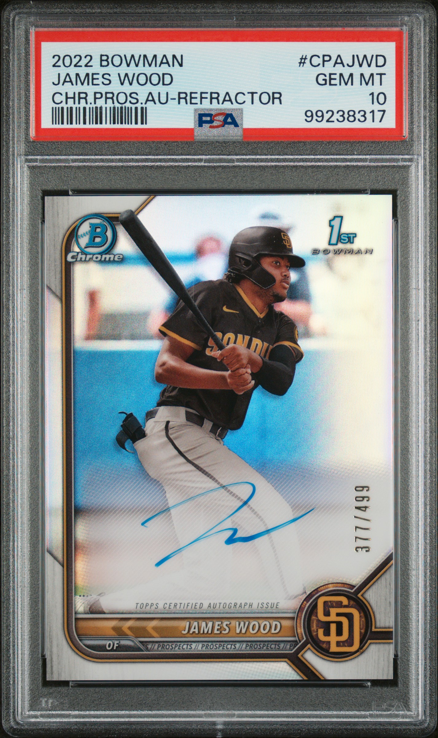 2022 Bowman Chrome Prospect Autographs James Wood #Cpajwd (Chr.pros.au-Refractor) Gem Mt 10 front