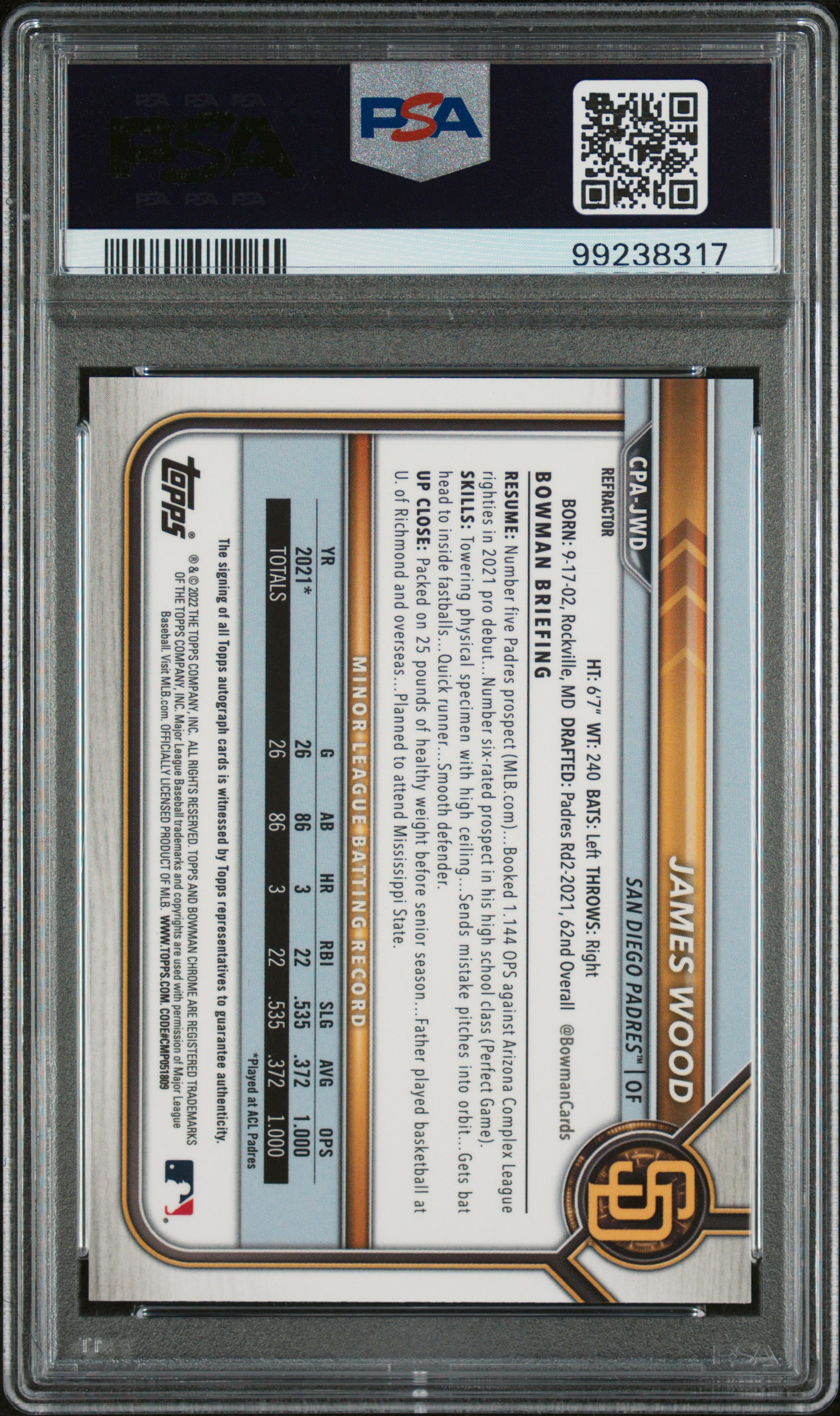 2022 Bowman Chrome Prospect Autographs James Wood #Cpajwd (Chr.pros.au-Refractor) Gem Mt 10 back