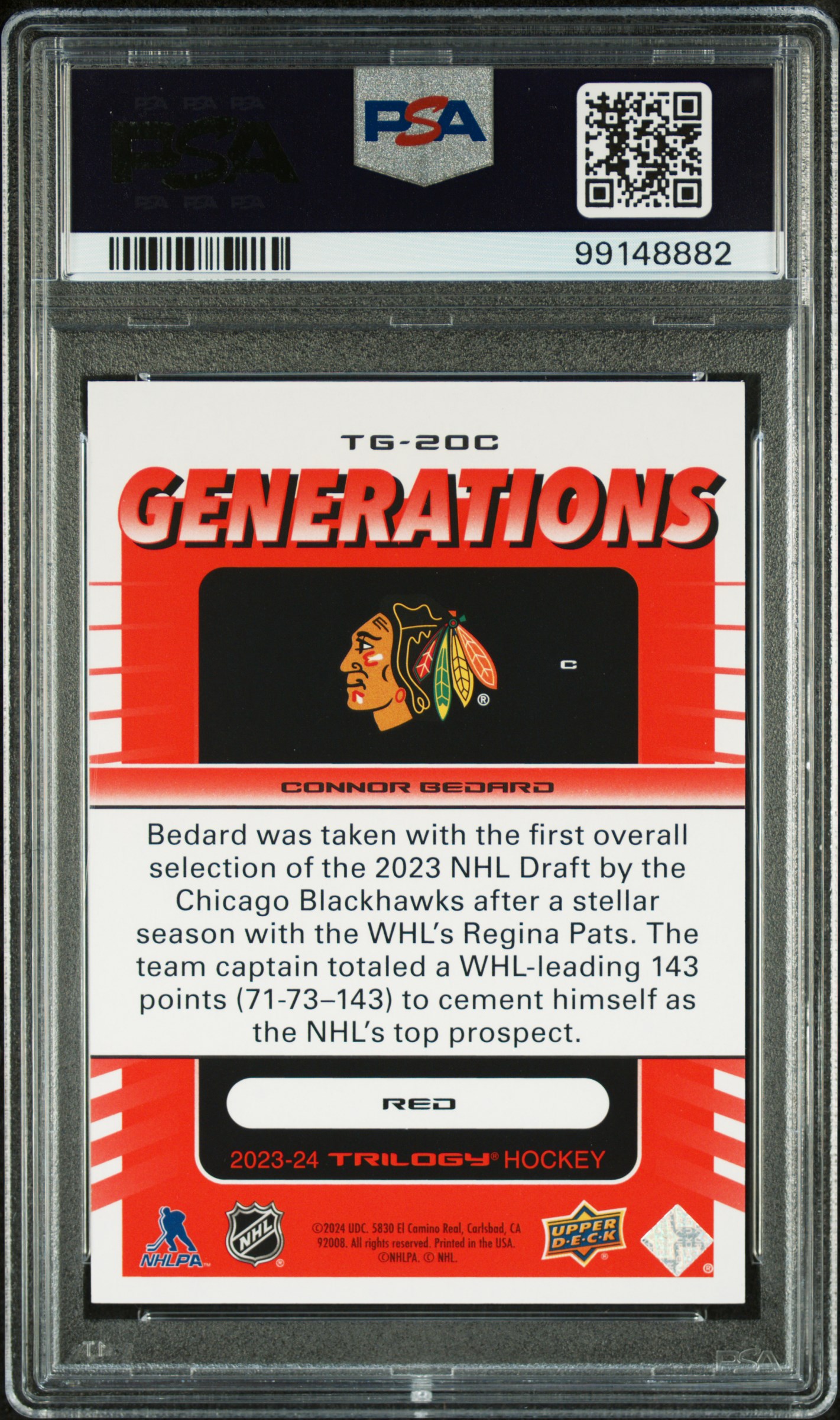 2023 Upper Deck Trilogy Generations Connor Bedard #Tg20C (Generations-Red) Gem Mt 10 back