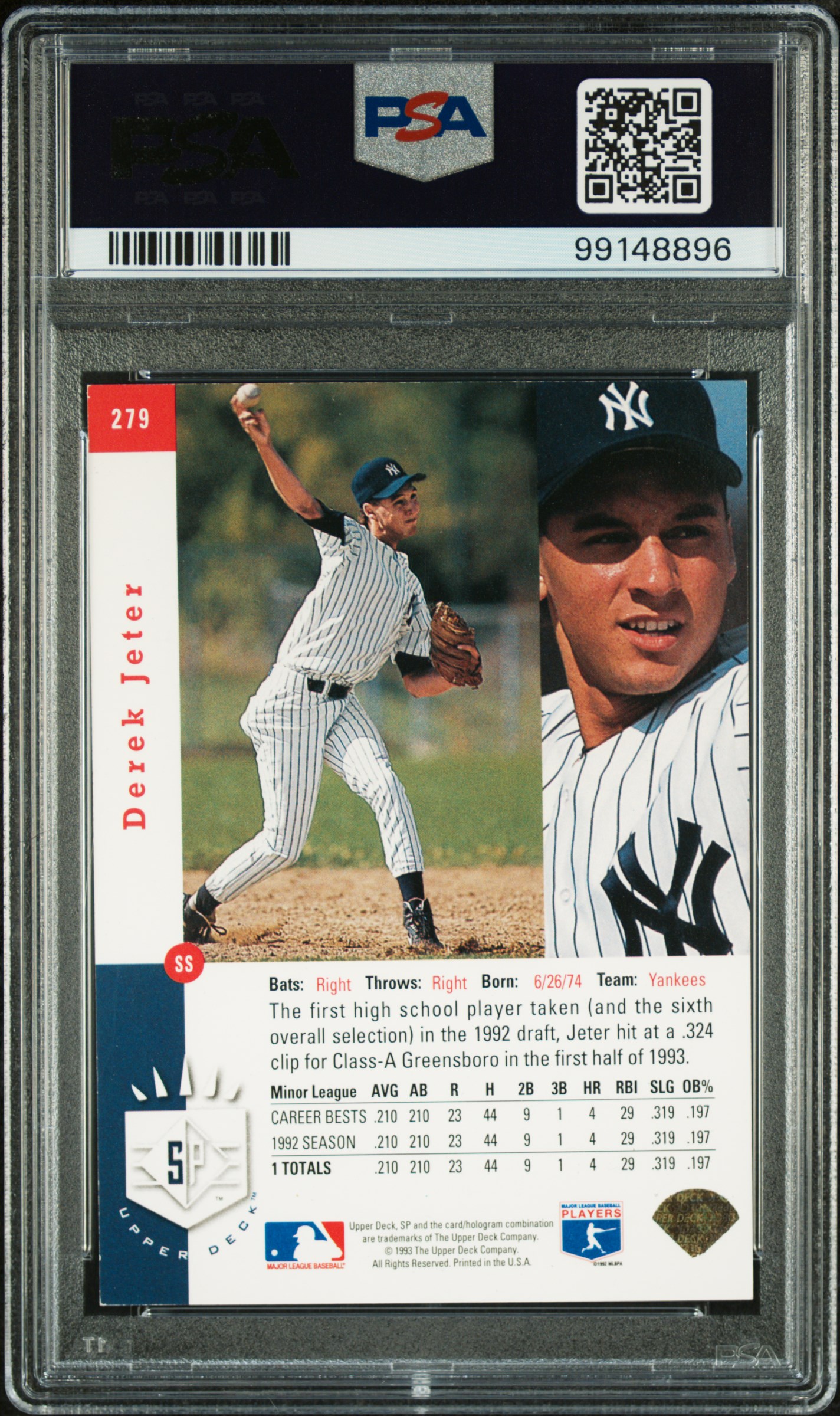 1993 Sp Derek Jeter #279 (Foil) Ex 5 back