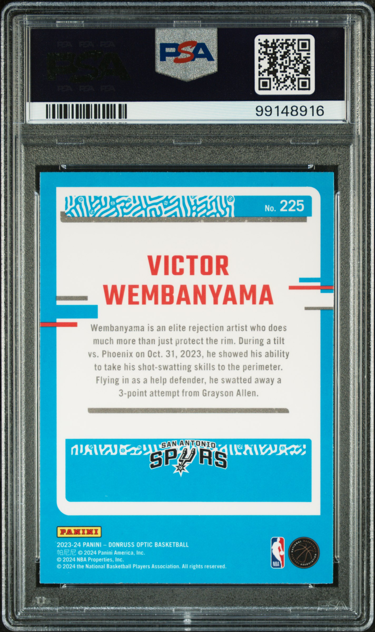 2023 Panini Donruss Optic Victor Wembanyama #225 Gem Mt 10 back