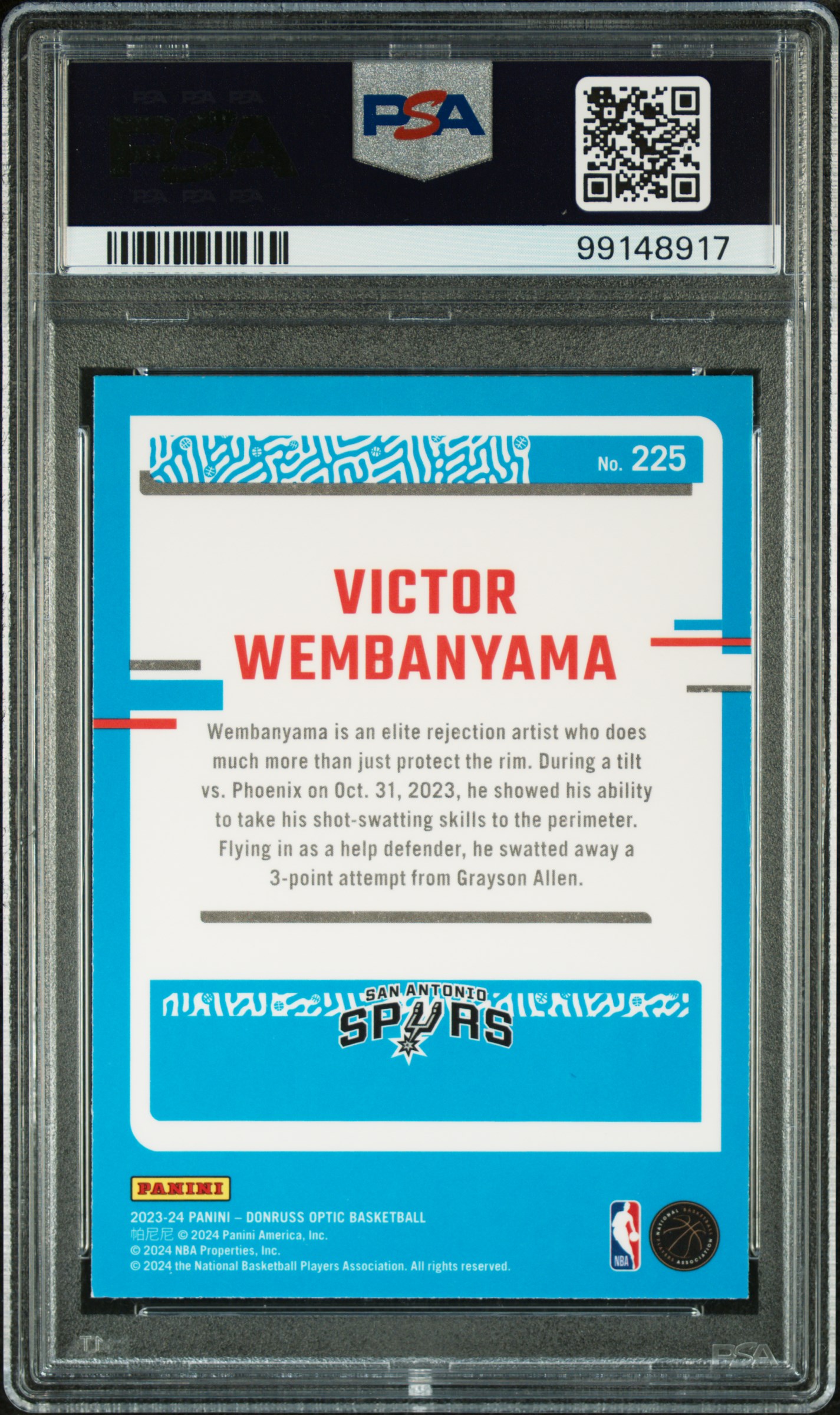 2023 Panini Donruss Optic Victor Wembanyama #225 Mint 9 back