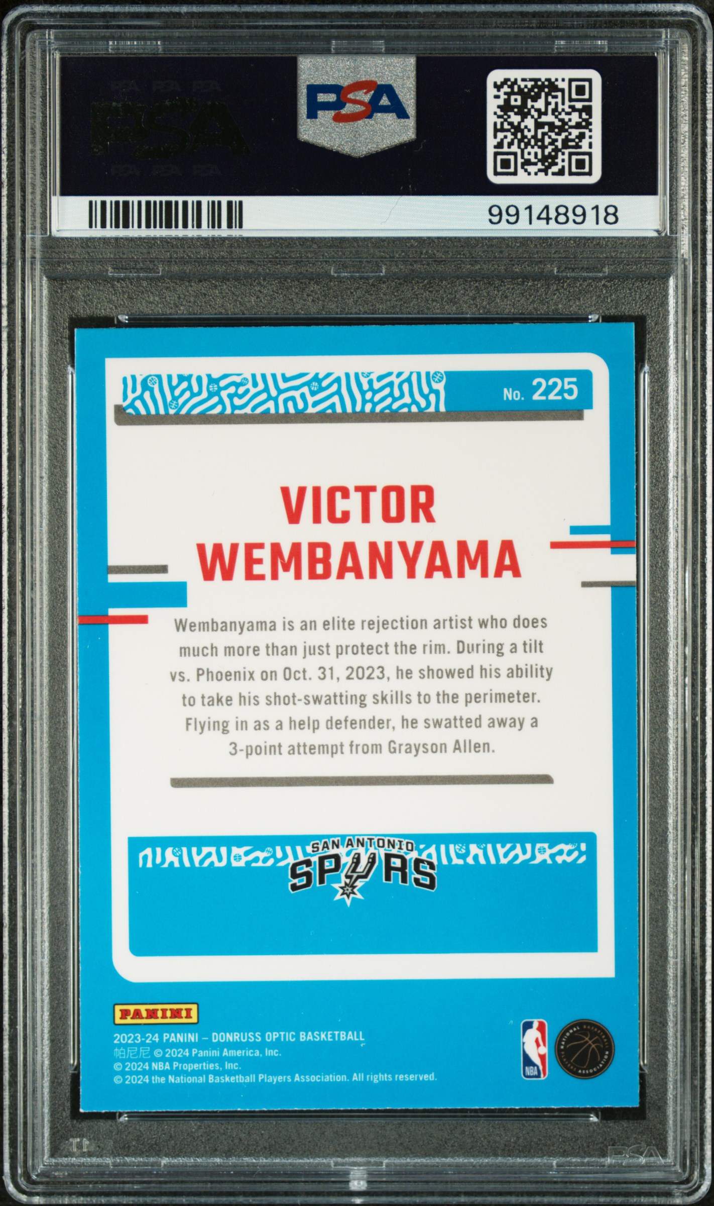 2023 Panini Donruss Optic Victor Wembanyama #225 Mint 9 back