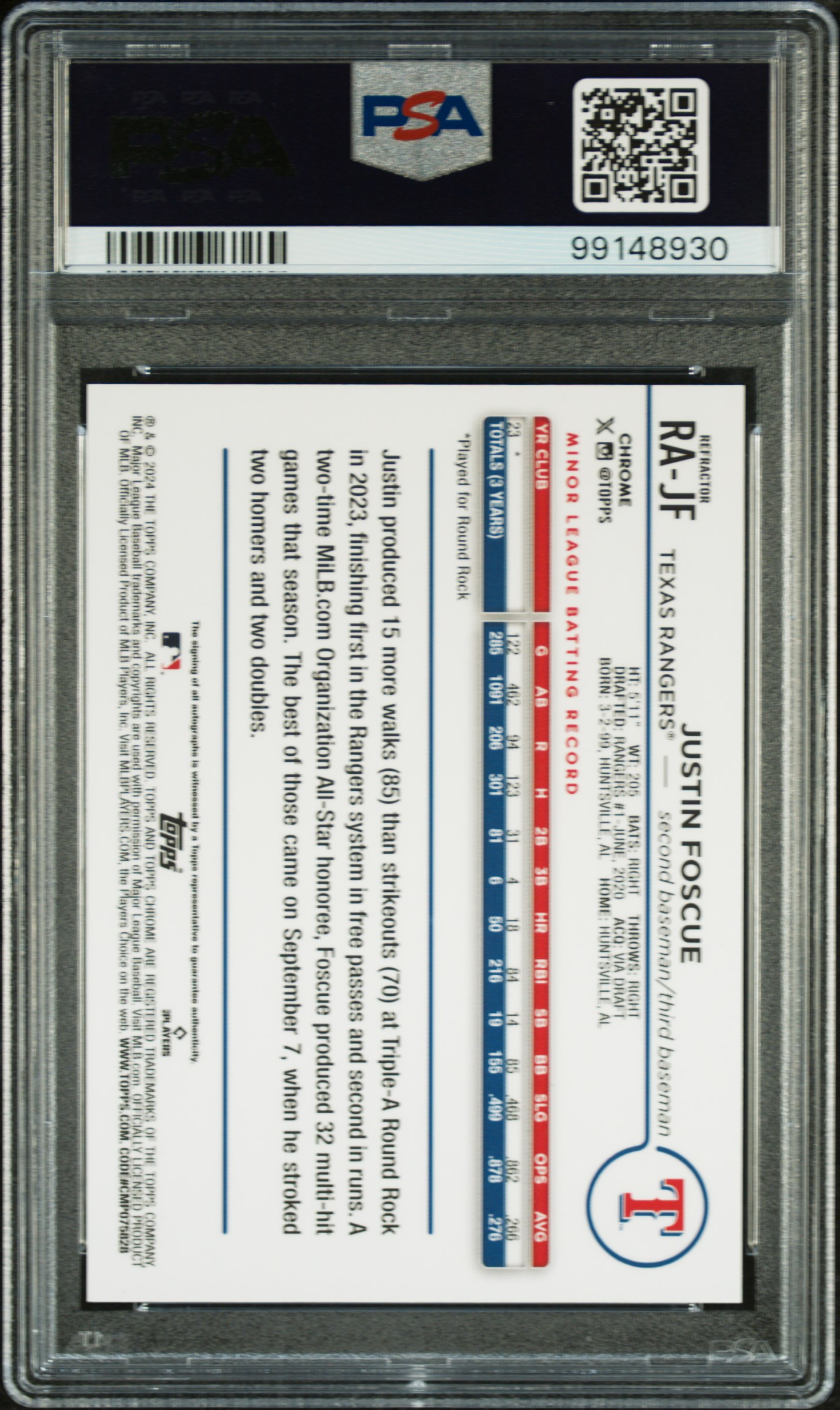 2024 Topps Chrome Rookie Autographs Justin Foscue #Rajf (Rookie Auto-Refractor) Mint 9 back