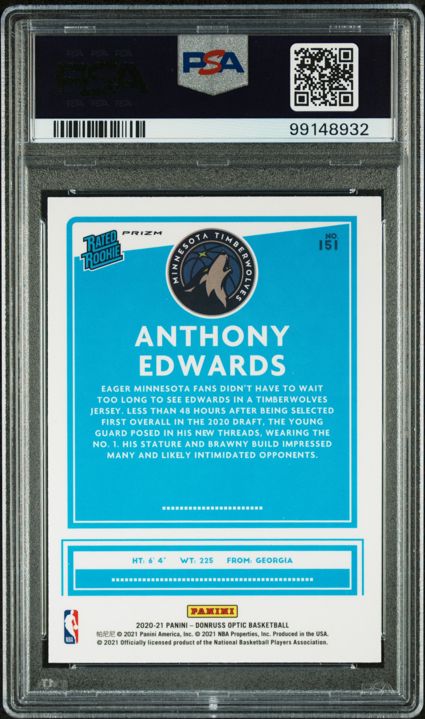 2020 Panini Donruss Optic Anthony Edwards #151 (Purple) Nm-Mt 8 back