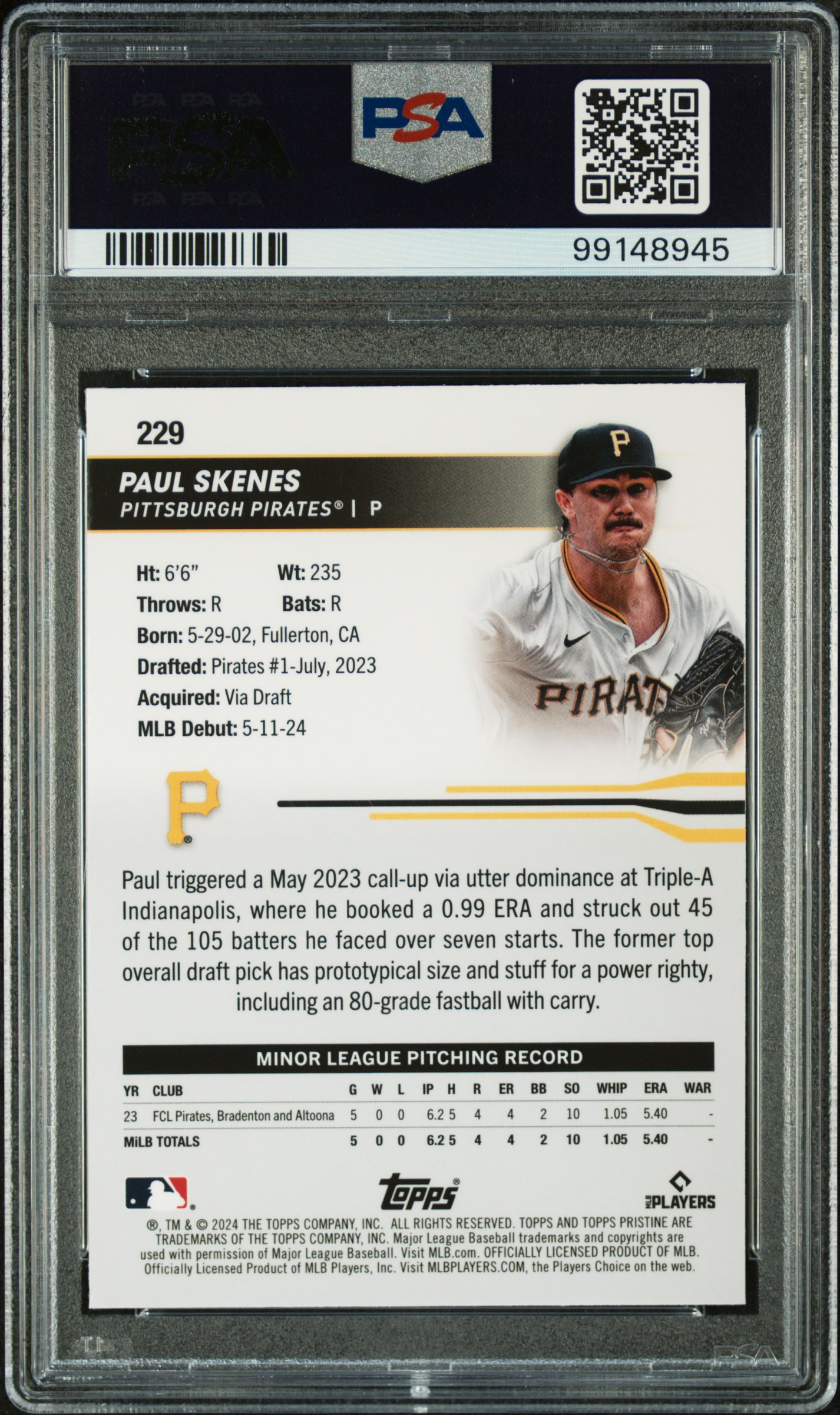 2024 Topps Pristine Paul Skenes #229 Mint 9 back