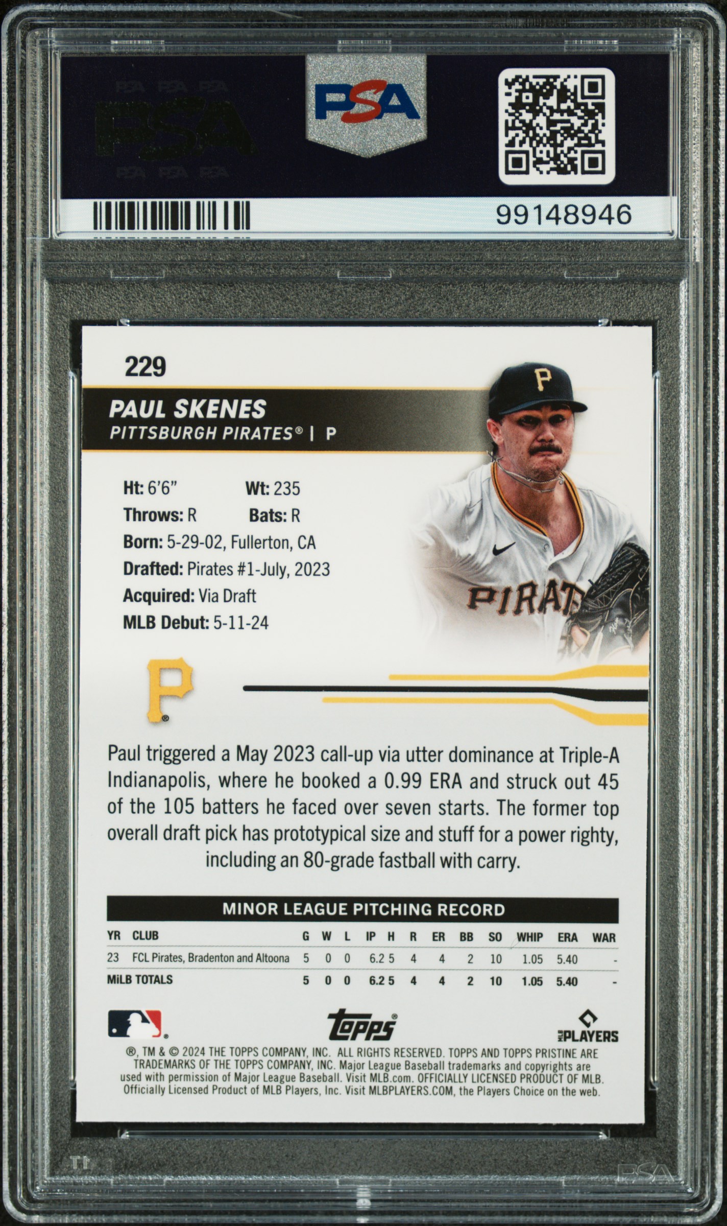2024 Topps Pristine Paul Skenes #229 Gem Mt 10 back