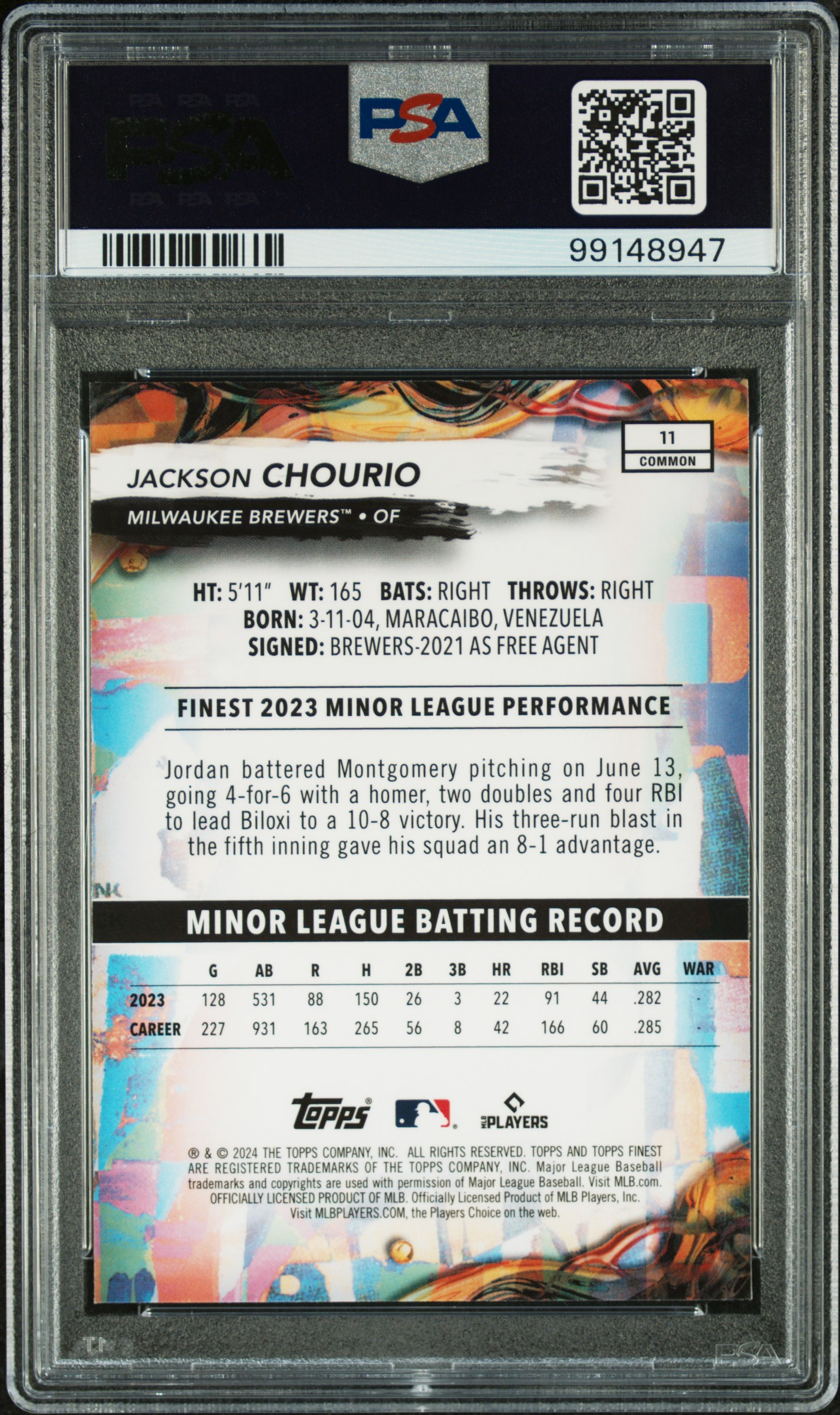 2024 Topps Finest Jackson Chourio #11 Gem Mt 10 back