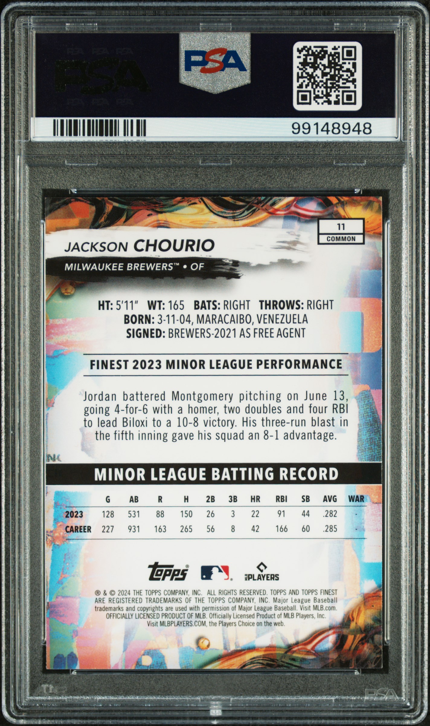 2024 Topps Finest Jackson Chourio #11 Gem Mt 10 back