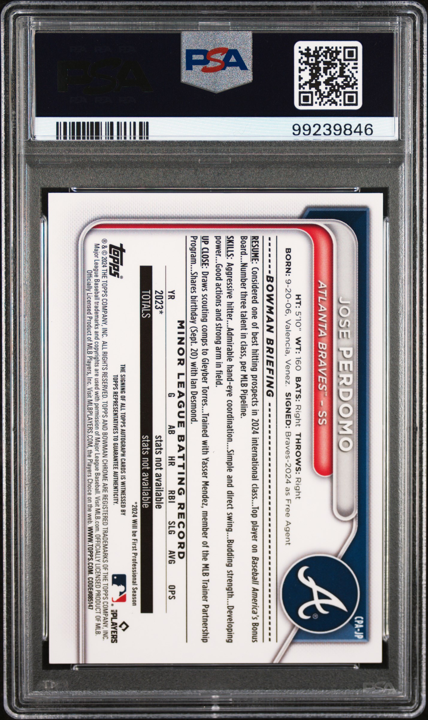 2024 Bowman Chrome Prospect Autographs Jose Perdomo #Cpajp (Prospect Autograph) Mint 9 back