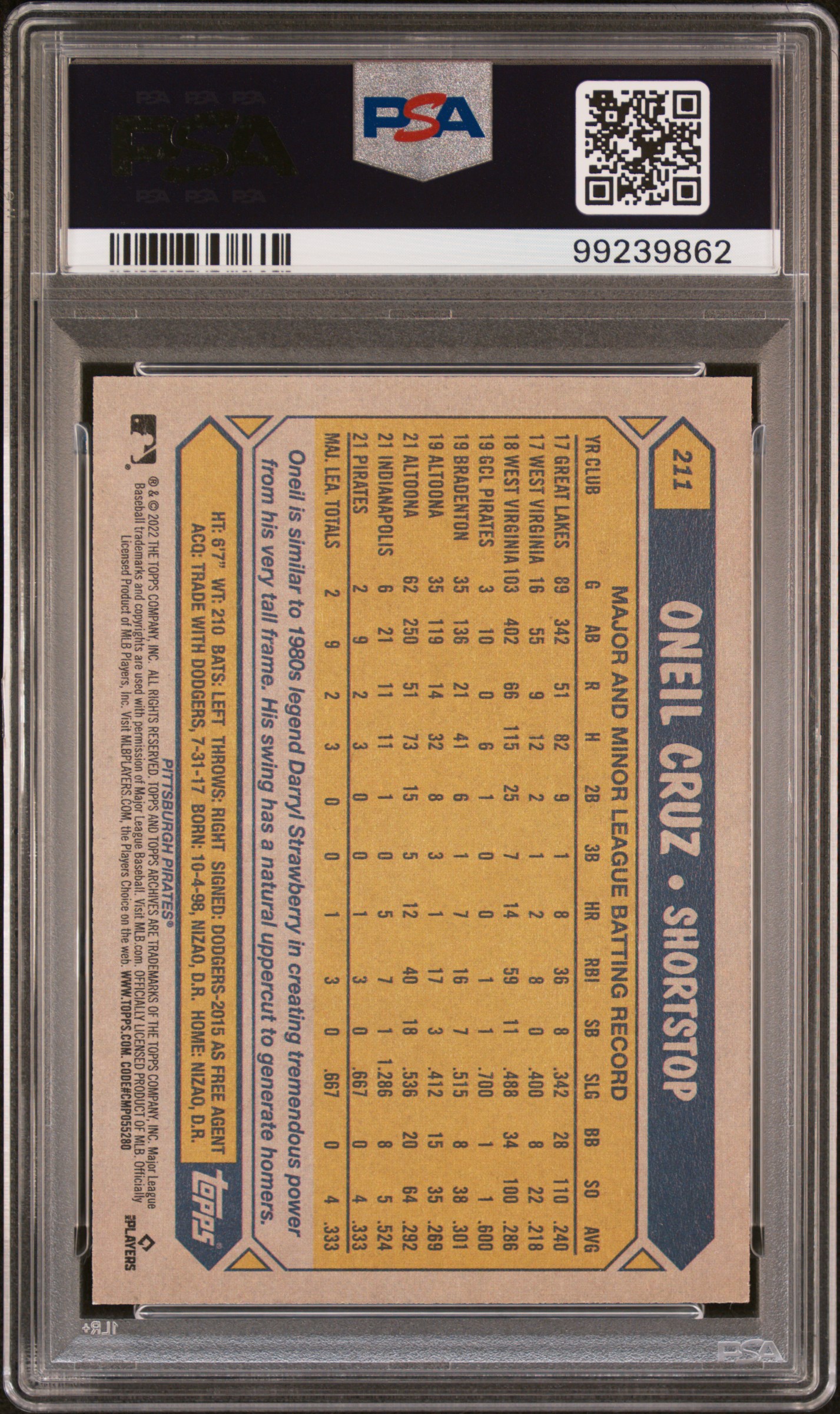 2022 Topps Archives Oneil Cruz #211 (Sp) Mint 9 back