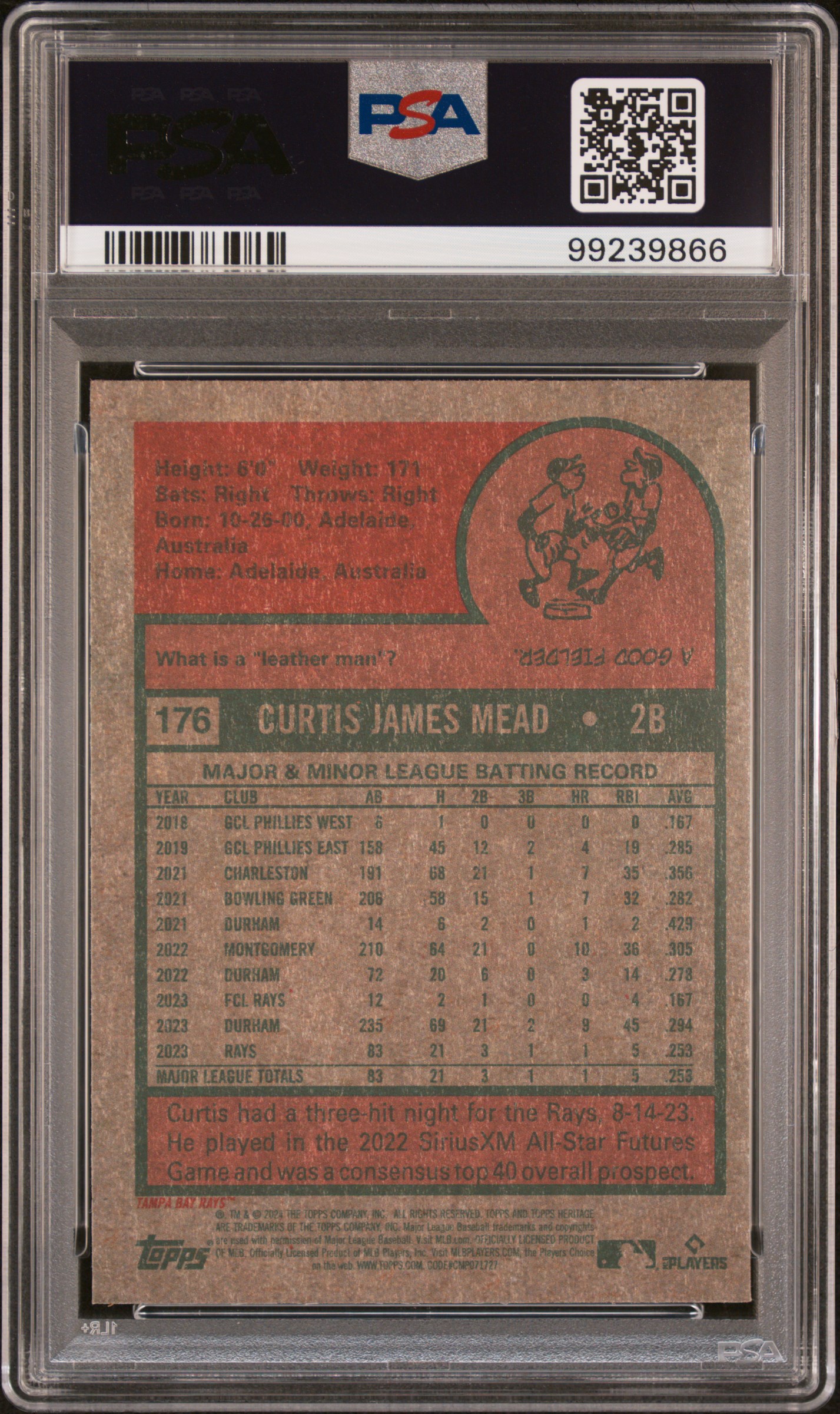 2024 Topps Heritage Curtis Mead #176 (Chrome-Blue Sparkle) Gem Mt 10 back