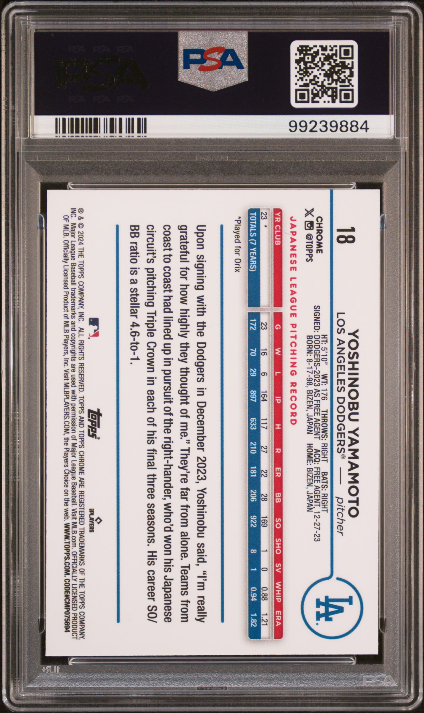 2024 Topps Chrome Yoshinobu Yamamoto #18 (X-Fractor) Mint 9 back